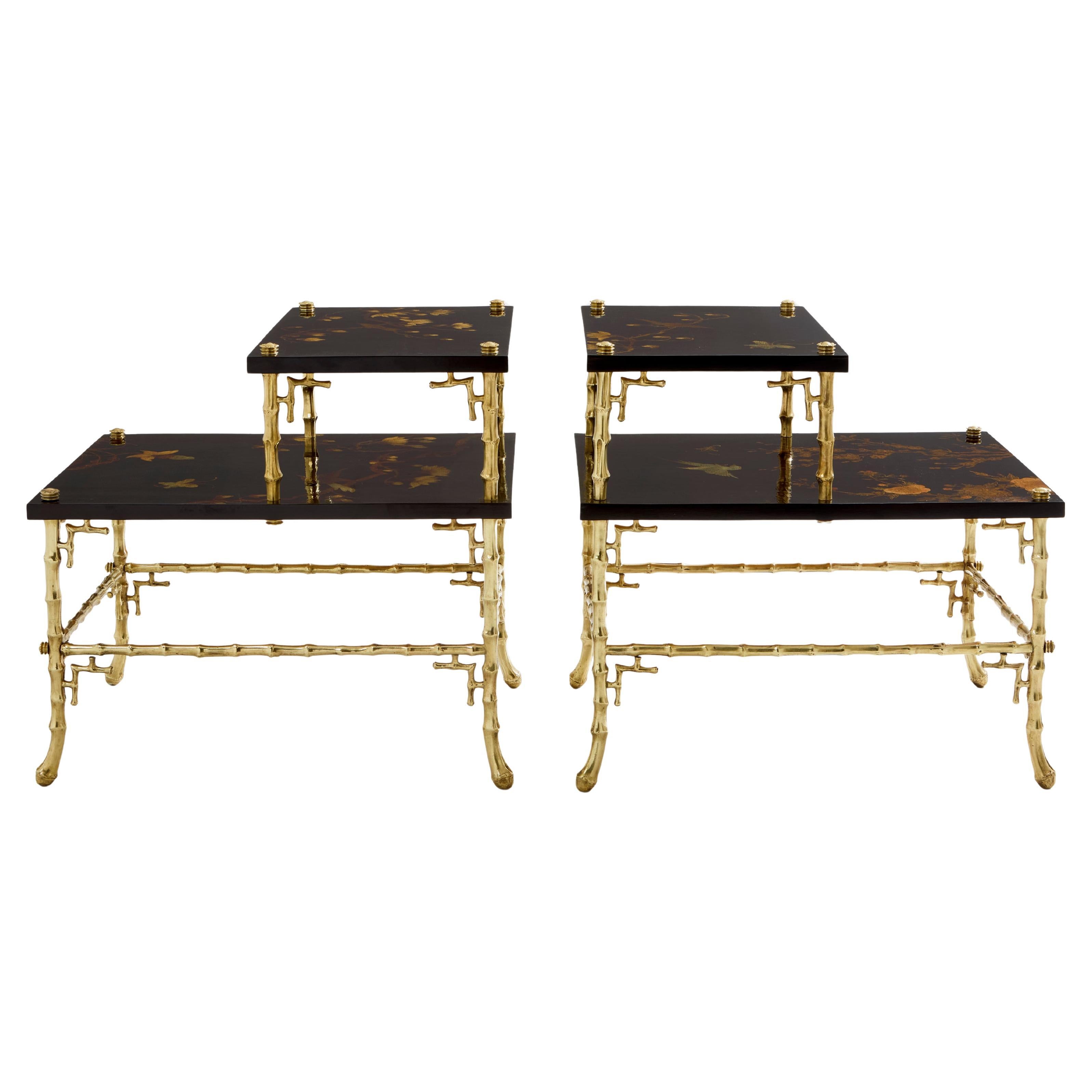 Maison Baguès bamboo bronze chinoiserie lacquered end tables 1940s