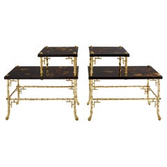 Maison Baguès bamboo bronze chinoiserie lacquered end tables 1940s