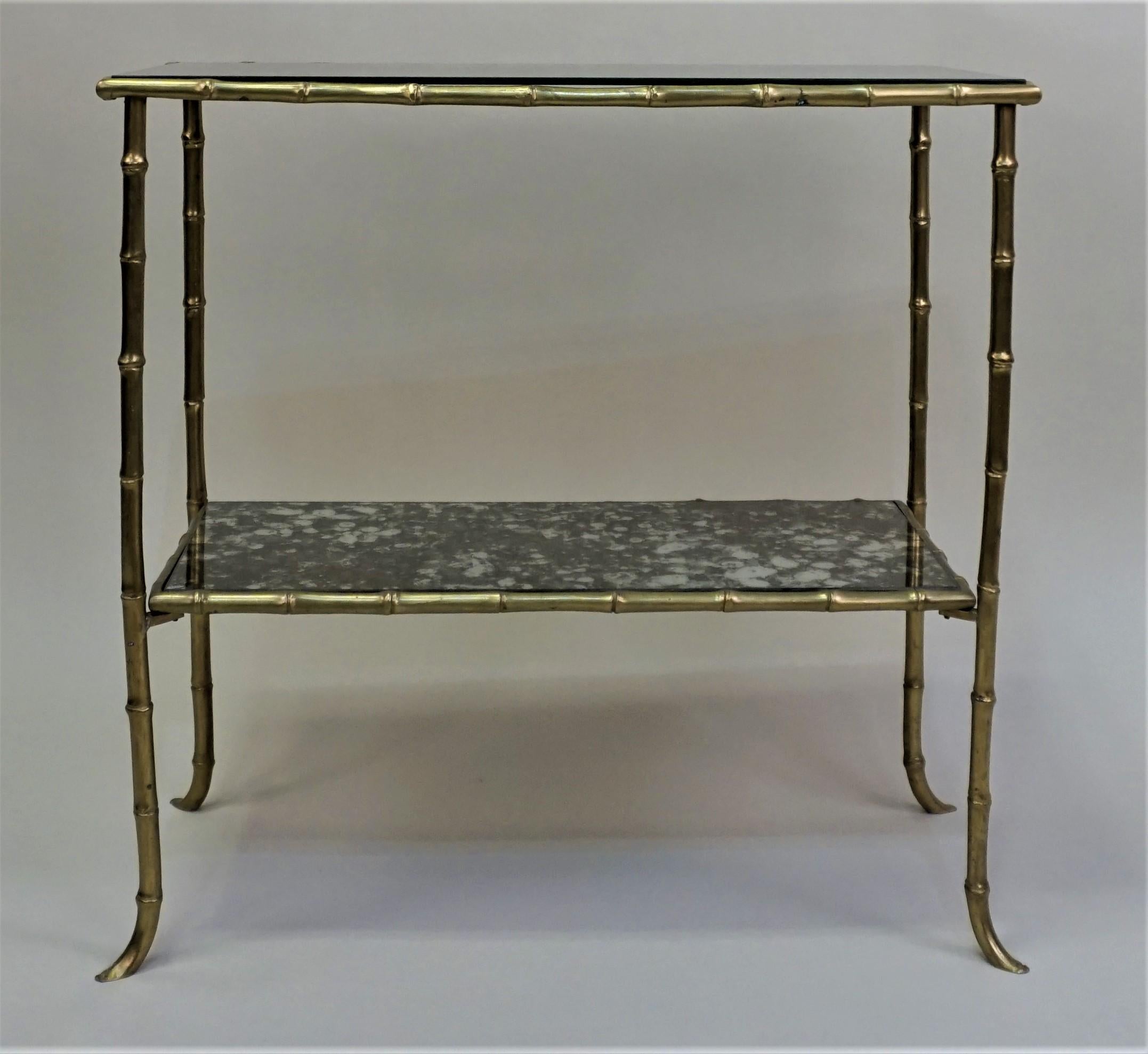 Bamboo style bronze base and smoked mirror side table.