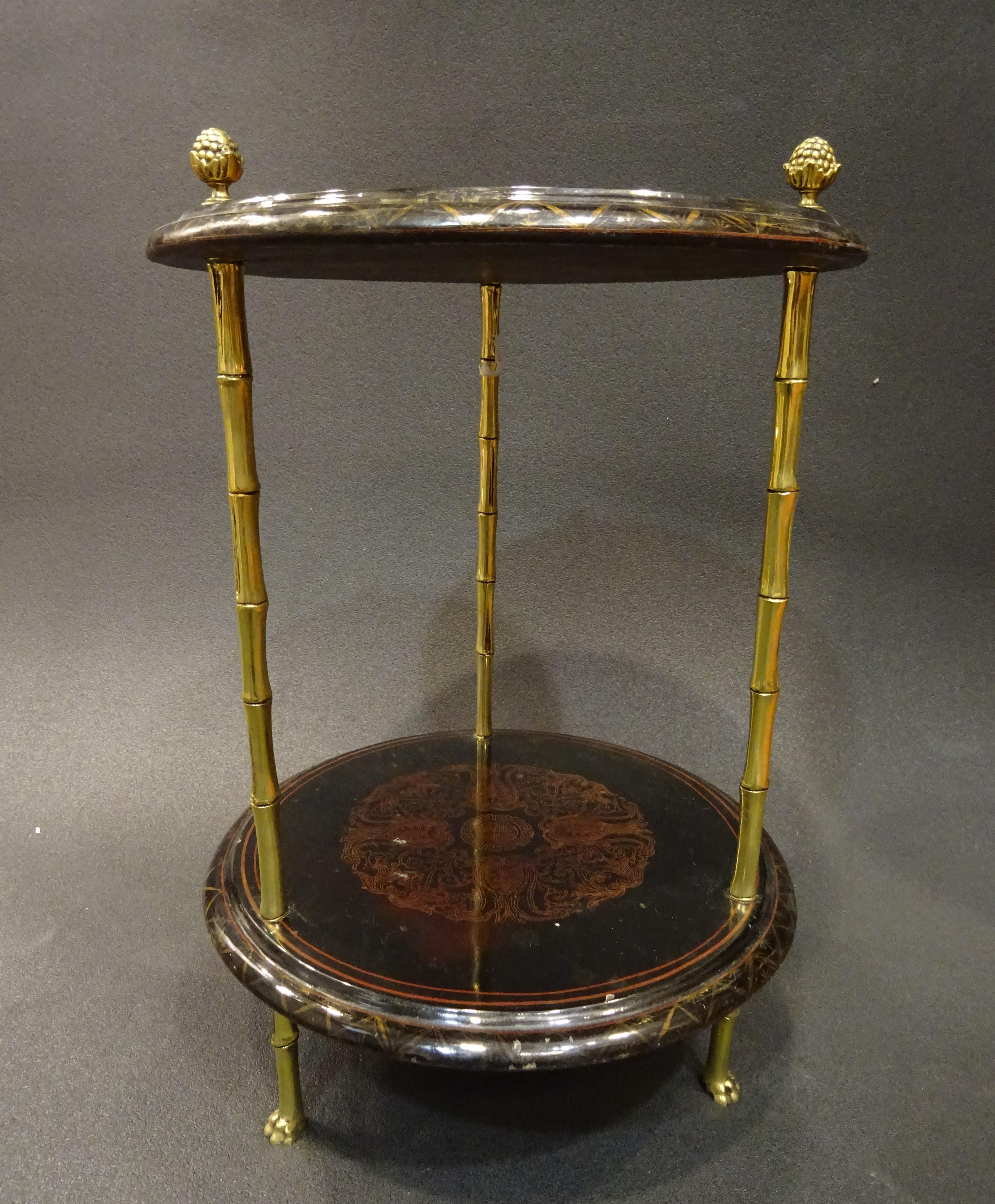 French Maison Bagues Black Endtable France, Chinoiseries, Gilt Bronce, 1970s