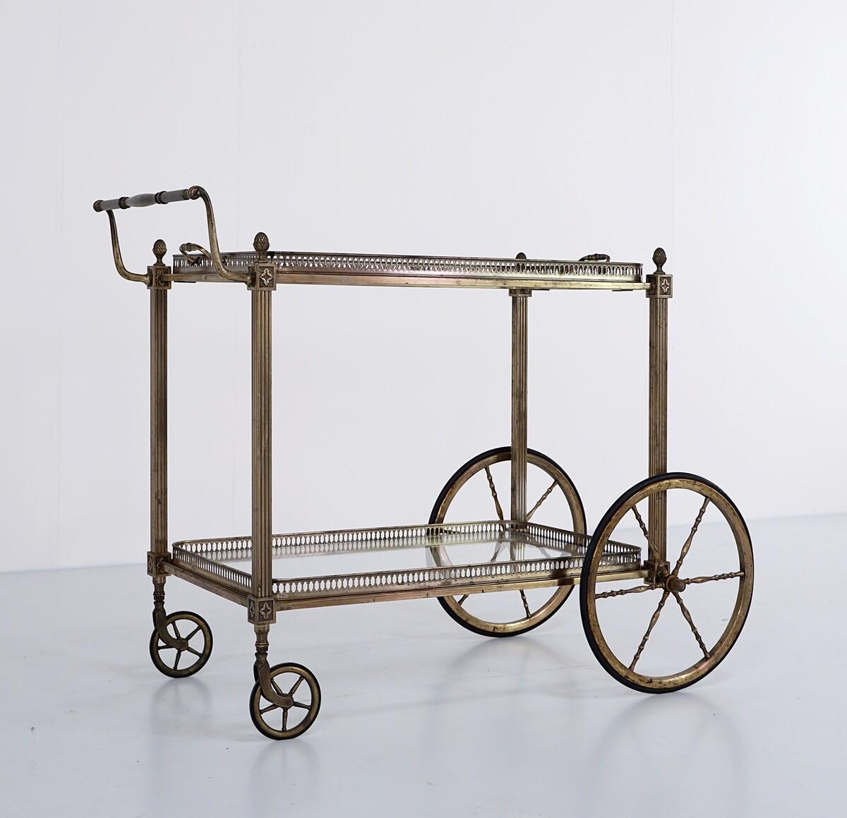 Mid-Century Modern Maison Bagués Brass and Silvered Metal Drinks Trolley, French, Circa 1940