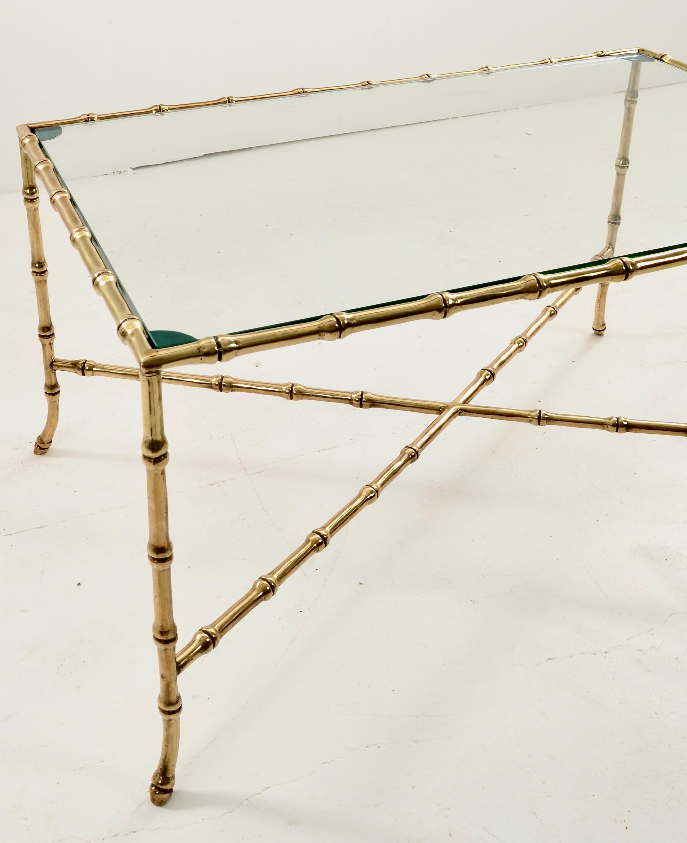 Hollywood Regency Maison Bagues Brass Faux Bamboo Cocktail Table, France c 1950s For Sale