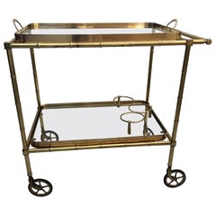 Vintage French Mid-Century Brass Faux Bamboo Drinks Trolley / Bar Cart, 1950s