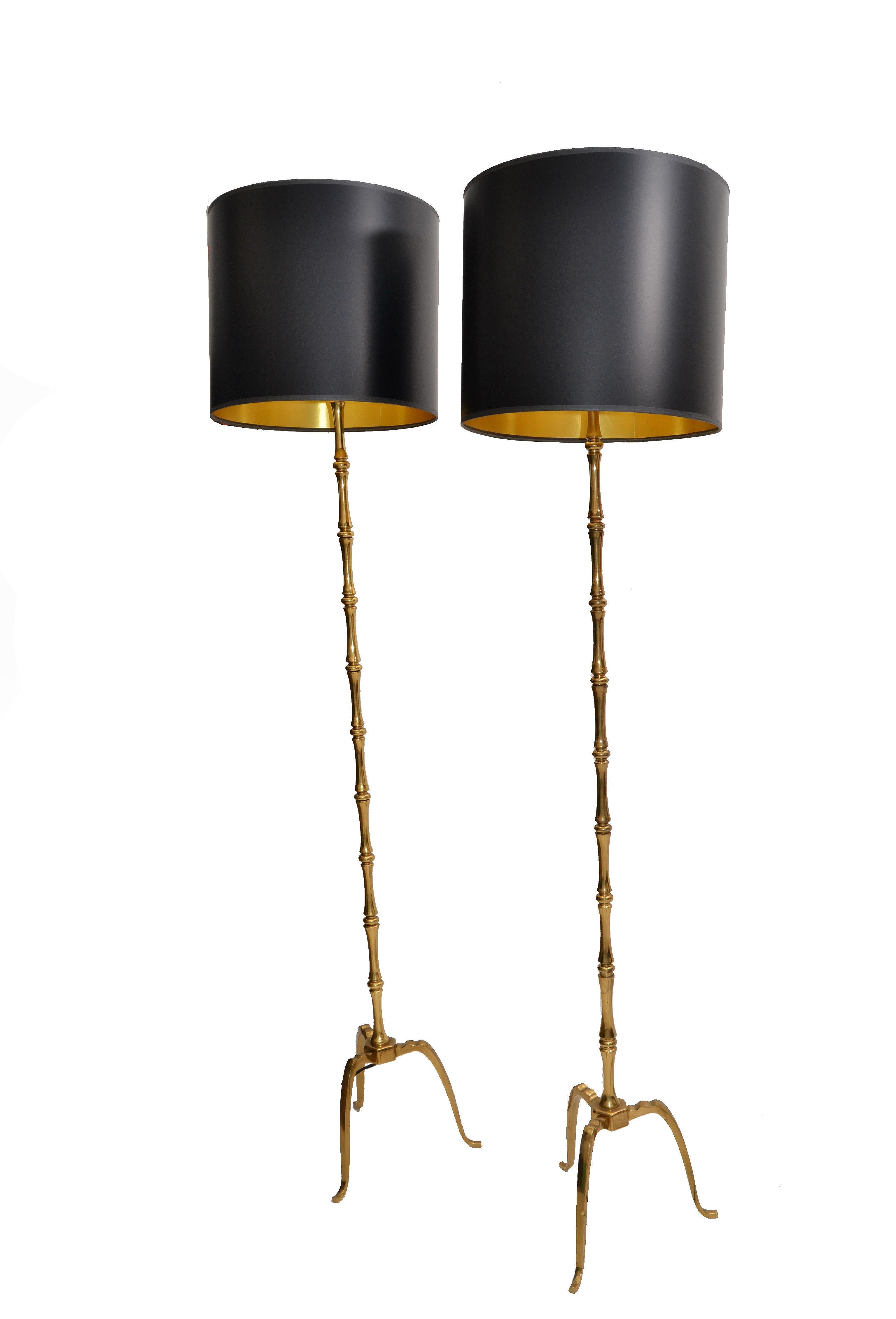 Pair solid brass French floor lamp by Maison Baguès, circa 1965 come with black & gold paper shades.
In US Rewired condition and each takes one regular or LED light bulb.
The pair is ready for a new home.