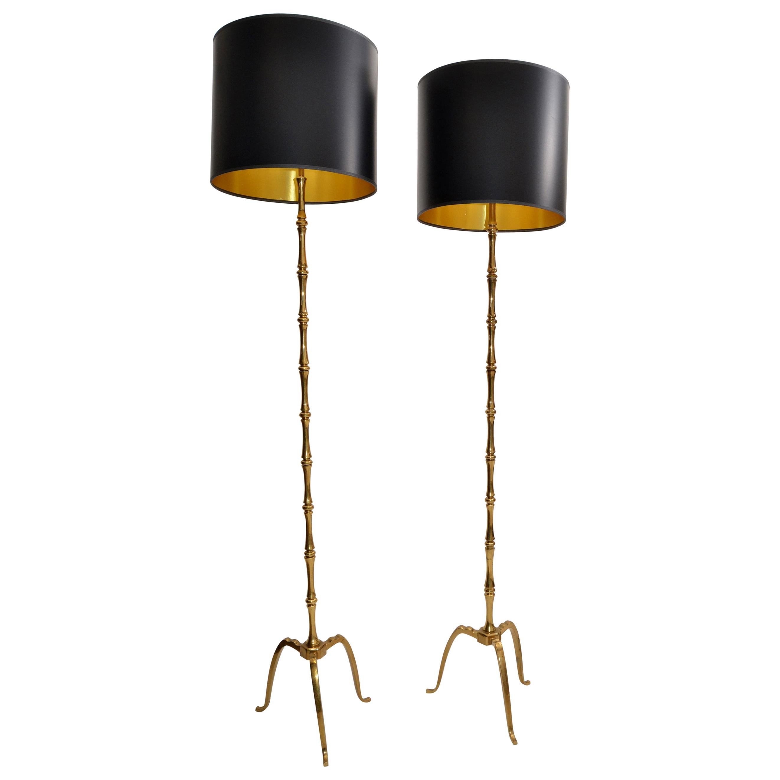 Maison Baguès Brass Mid-Century Modern Lamp France 1950 Black Shade, Pair