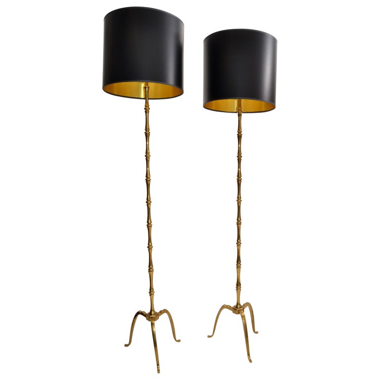 Maison Baguès Pair of Brass Floor Lamps with Black Shades, 1950