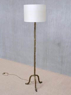 Maison Baguès Brass Tripod Floor Lamp with Foliate Decor, France, 1940s