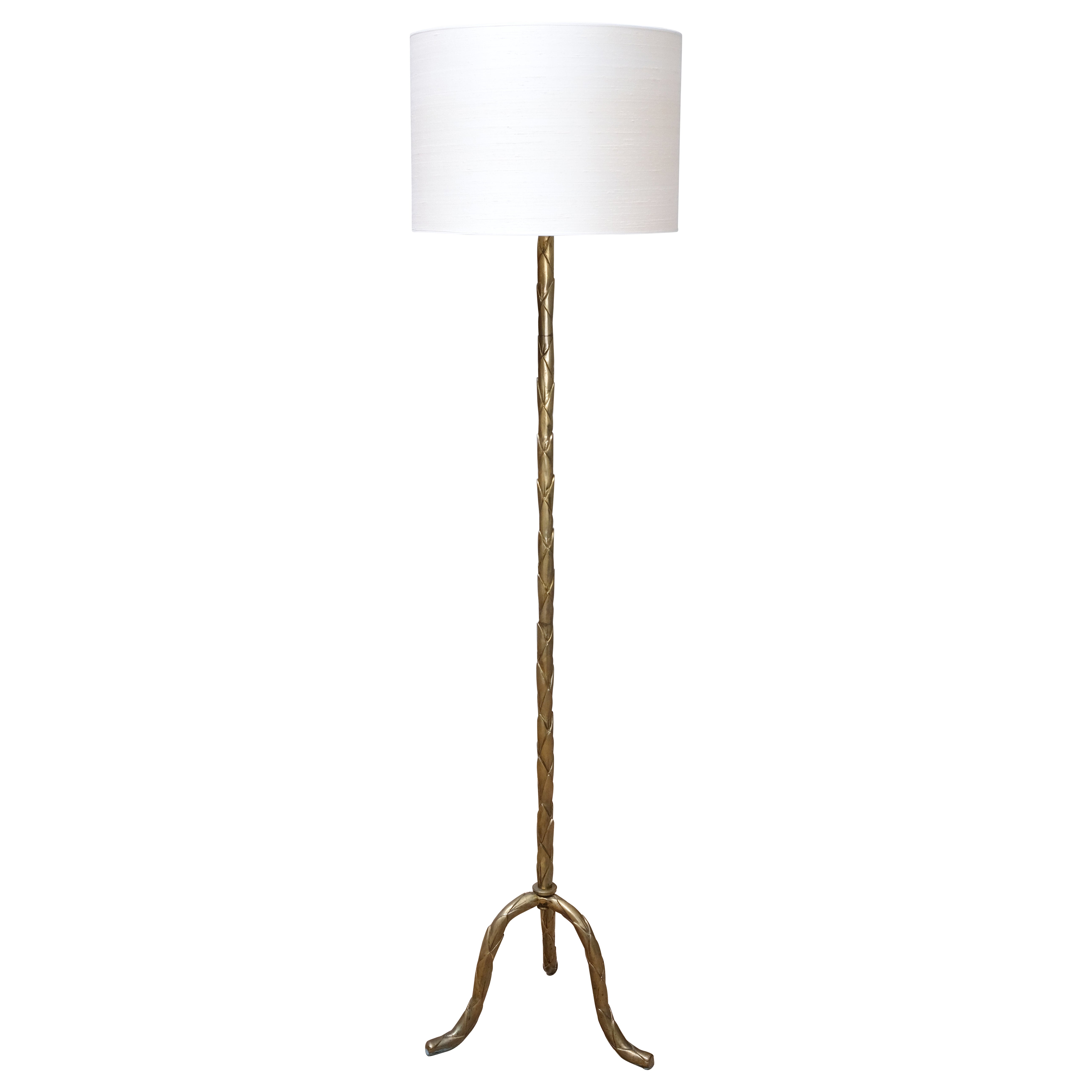 Maison Baguès Brass Tripod Floor Lamp with Foliate Decor, France, 1940s