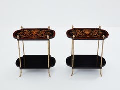 Maison Baguès bronze bamboo wood marquetry side tables 1940s
