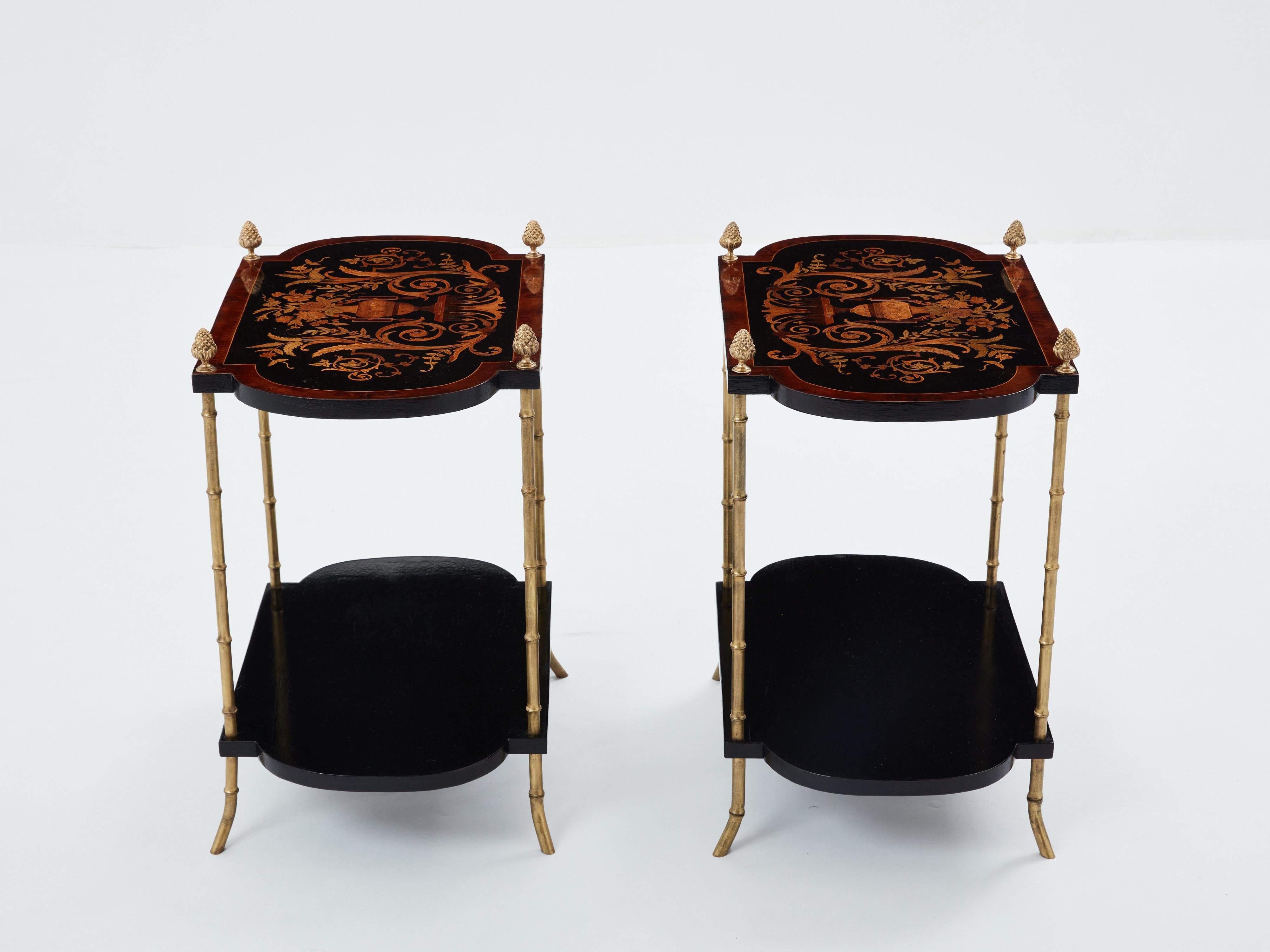 Art Deco Maison Baguès bronze bamboo wood marquetry side tables 1940s For Sale
