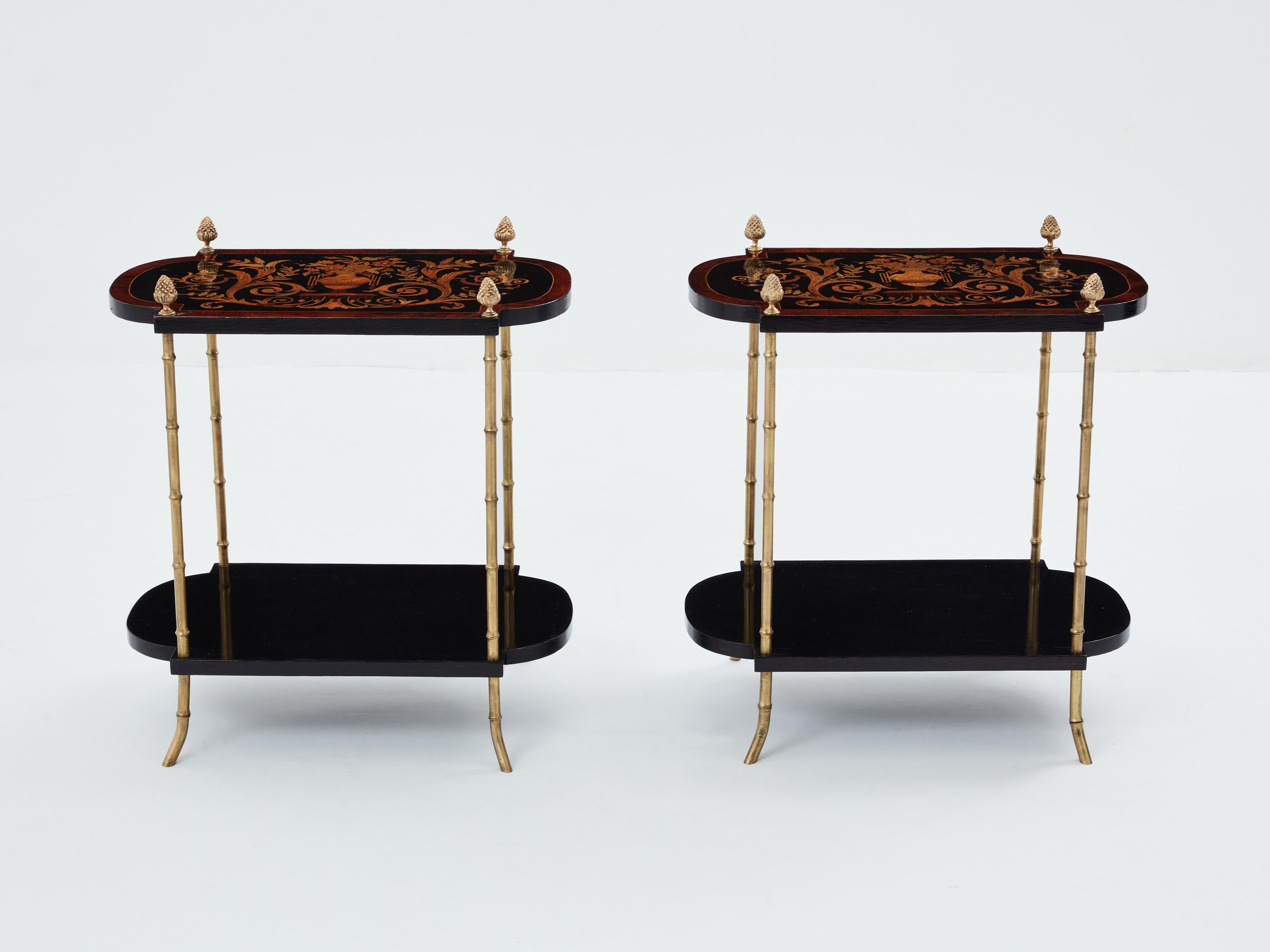 Maison Baguès bronze bamboo wood marquetry side tables 1940s For Sale 2