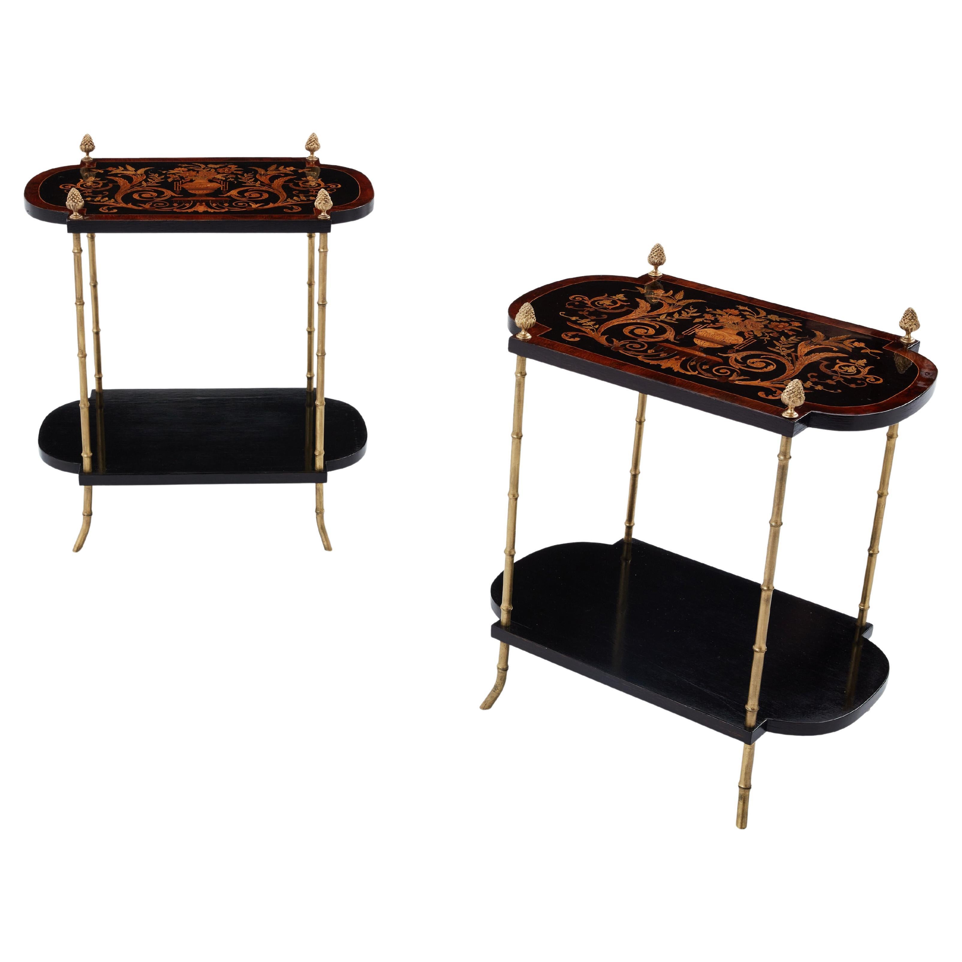 Maison Baguès bronze bamboo wood marquetry side tables 1940s For Sale