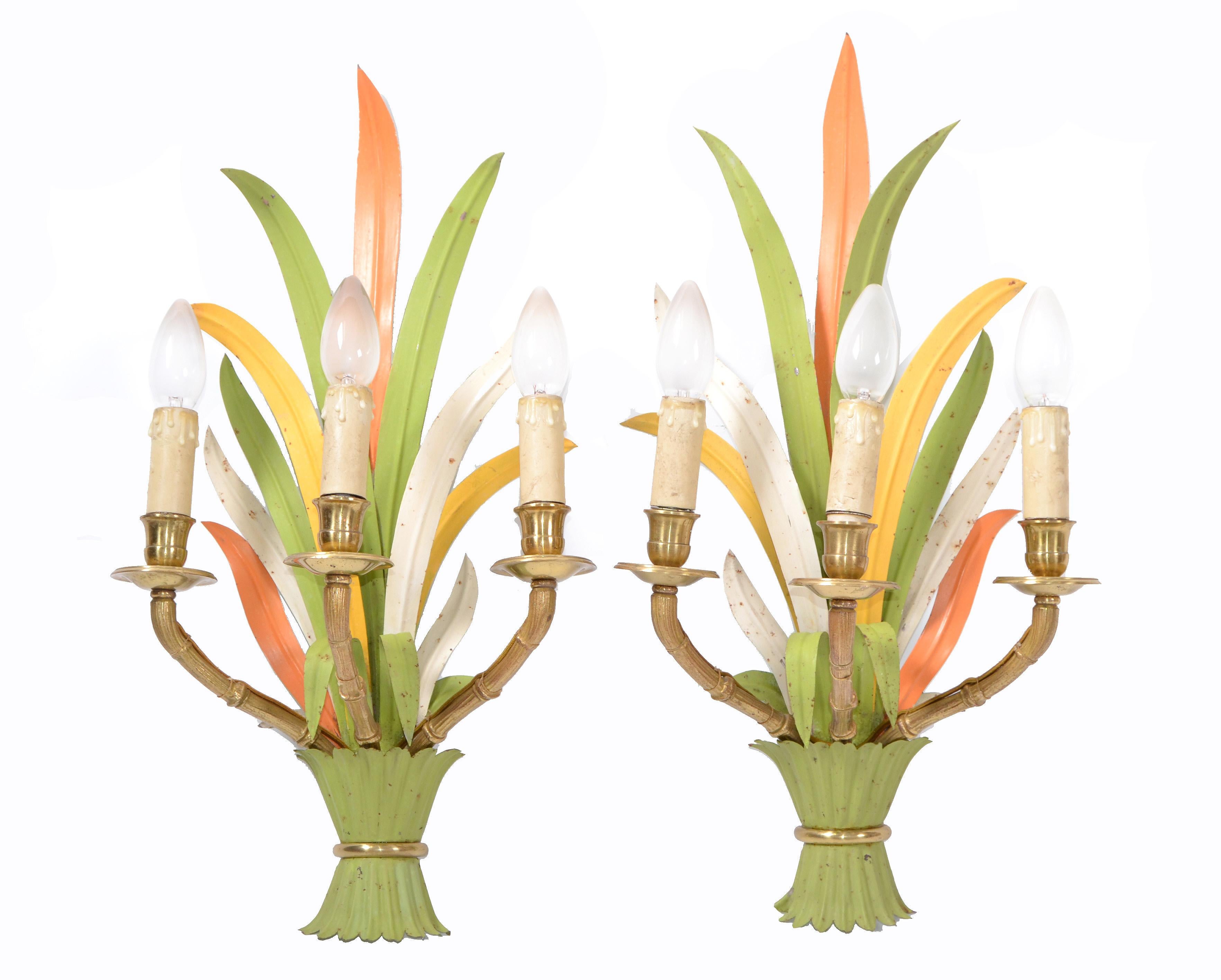 Neoclassical Maison Baguès Bronze and Enamel 'Feuillage' 3-Light Wall Sconces France, Pair For Sale