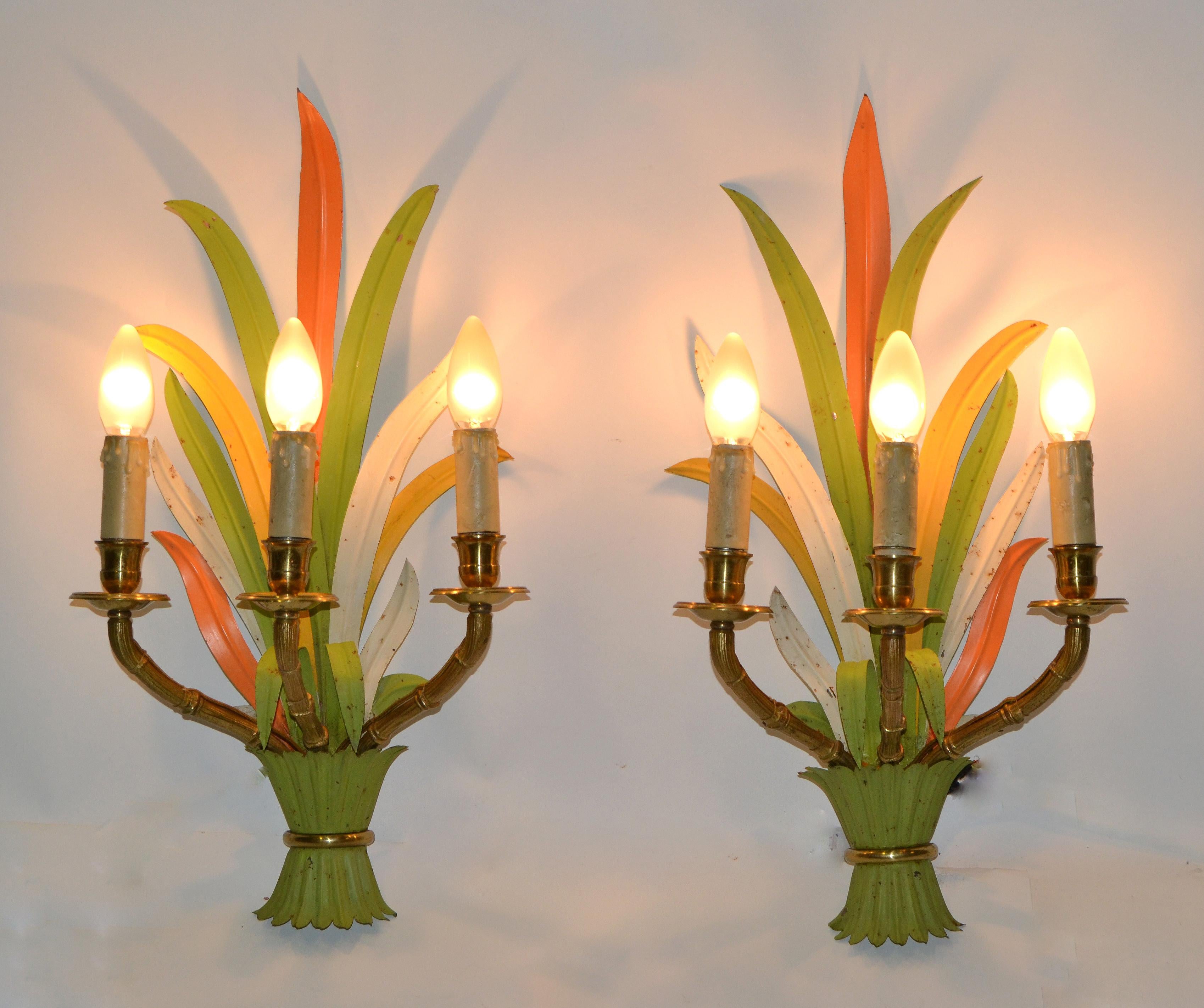 French Maison Baguès Bronze and Enamel 'Feuillage' 3-Light Wall Sconces France, Pair For Sale