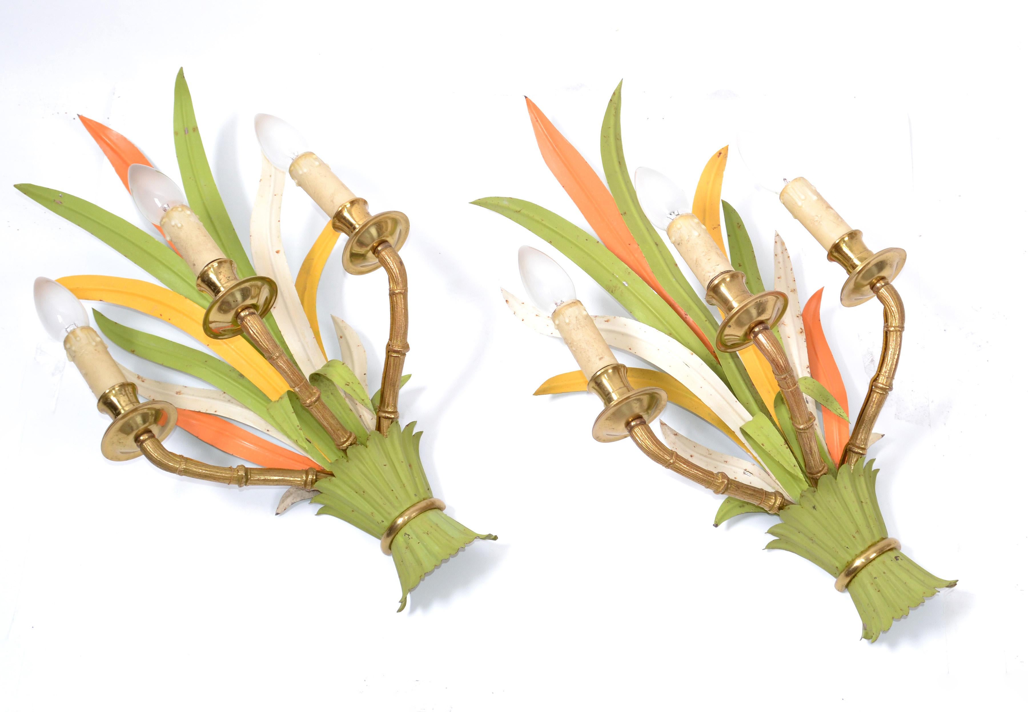 Maison Baguès Bronze and Enamel 'Feuillage' 3-Light Wall Sconces France, Pair In Good Condition For Sale In Miami, FL
