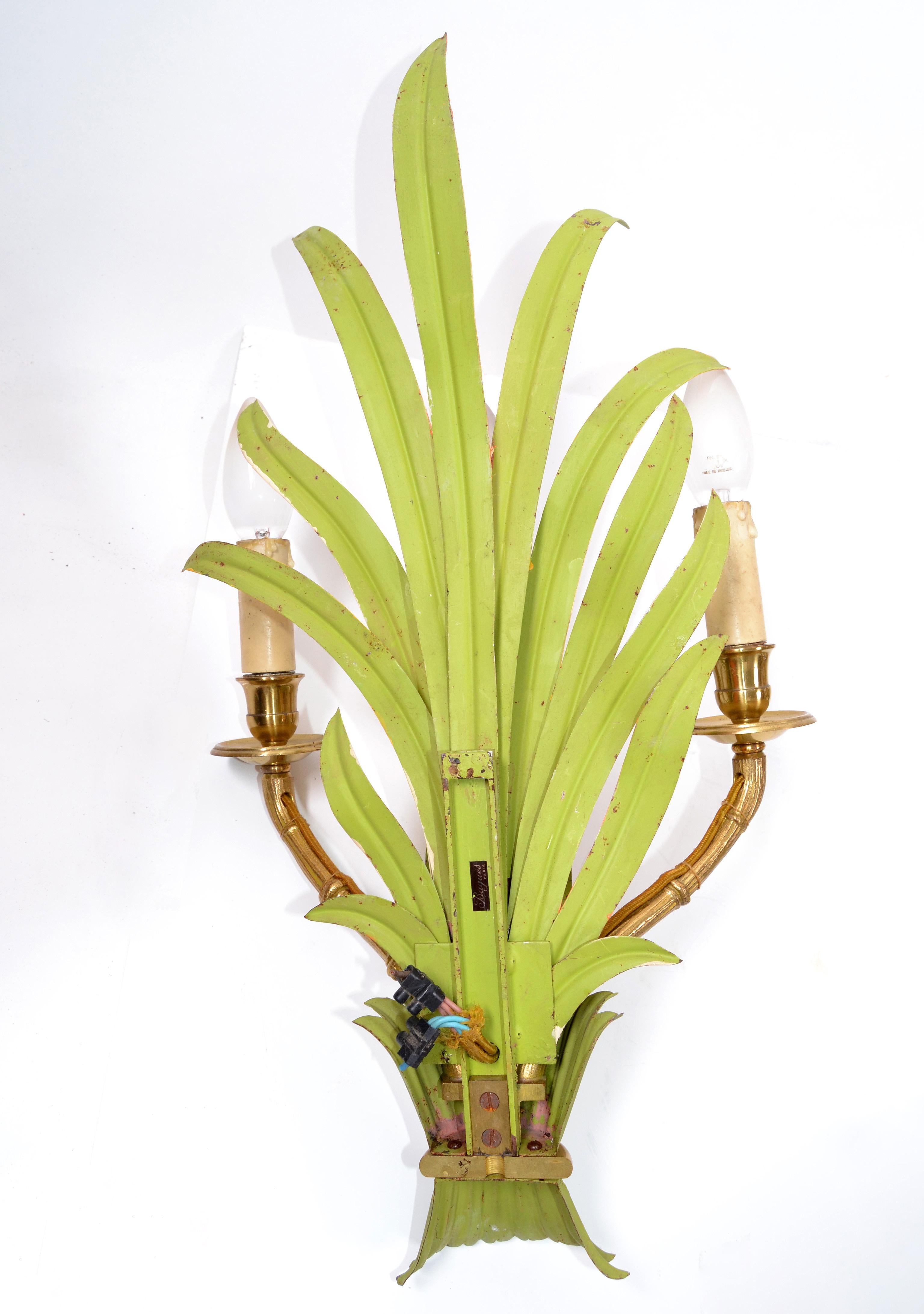 Late 20th Century Maison Baguès Bronze and Enamel 'Feuillage' 3-Light Wall Sconces France, Pair For Sale