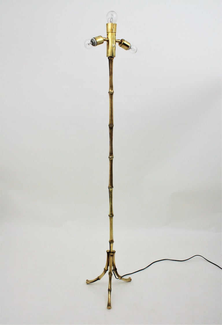 Maison Baguès Bronze Faux Bamboo Tripod Floor Lamp, France, 1950s For