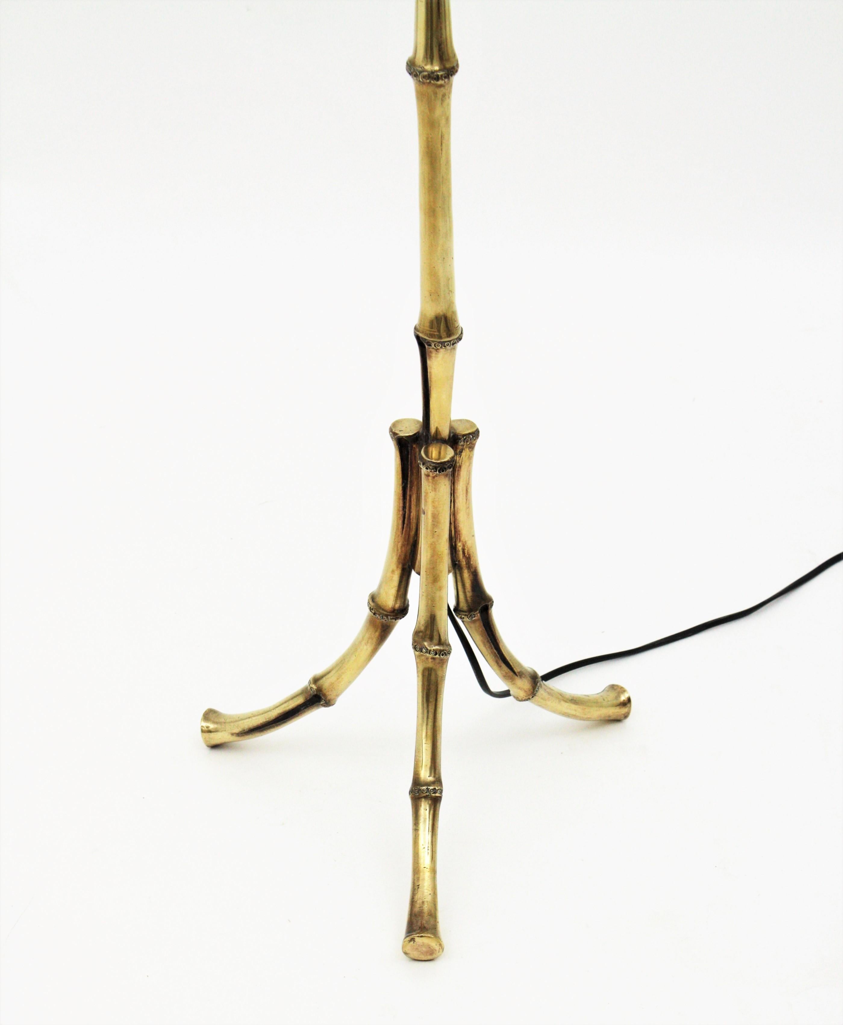 French Maison Baguès Faux Bamboo Tripod Floor Lamp in Bronze,  France, 1950s