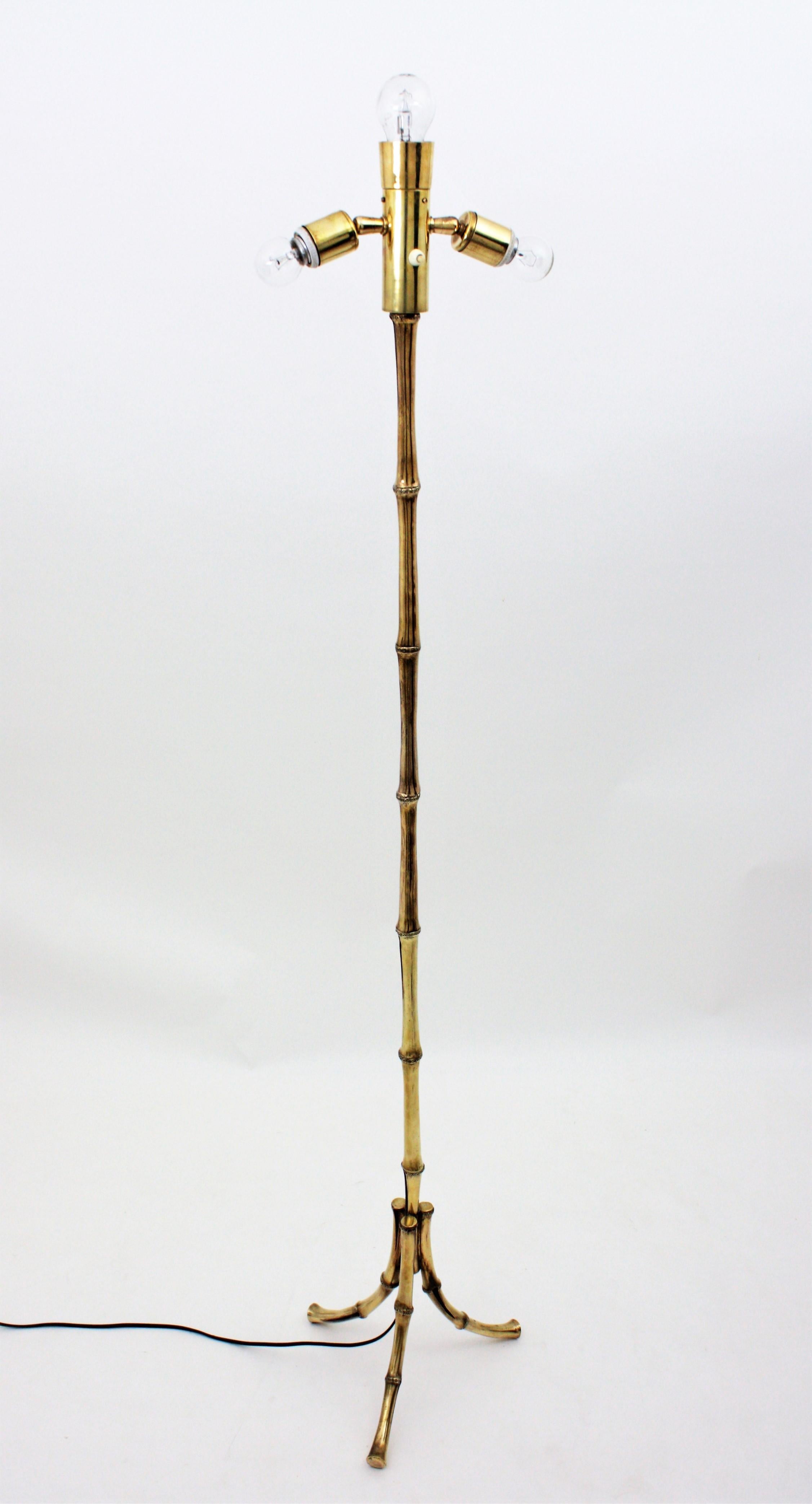 20th Century Maison Baguès Faux Bamboo Tripod Floor Lamp in Bronze,  France, 1950s