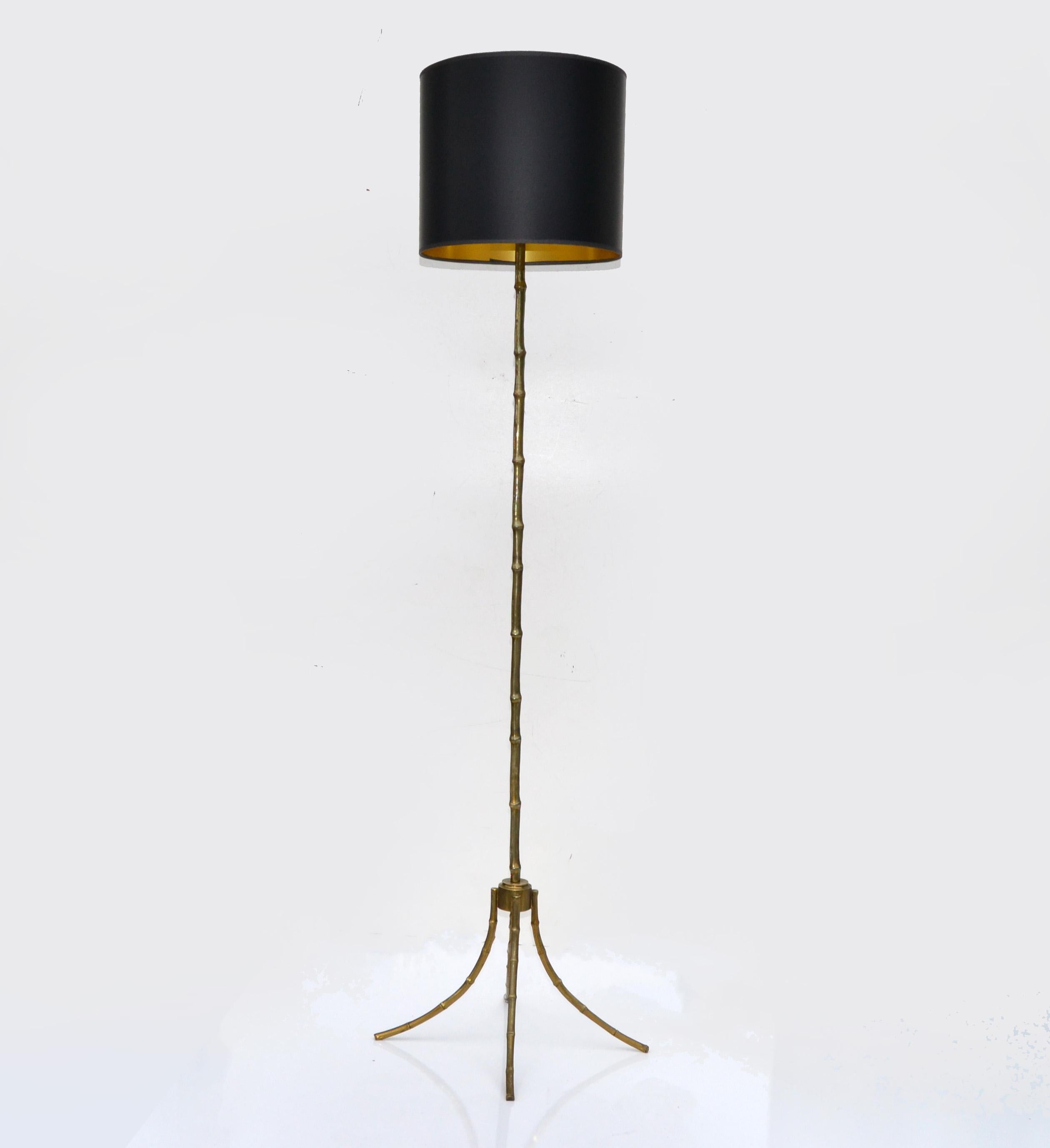 French Maison Baguès Bronze Floor Lamp France Neoclassical Black & Gold Shade 1950 For Sale