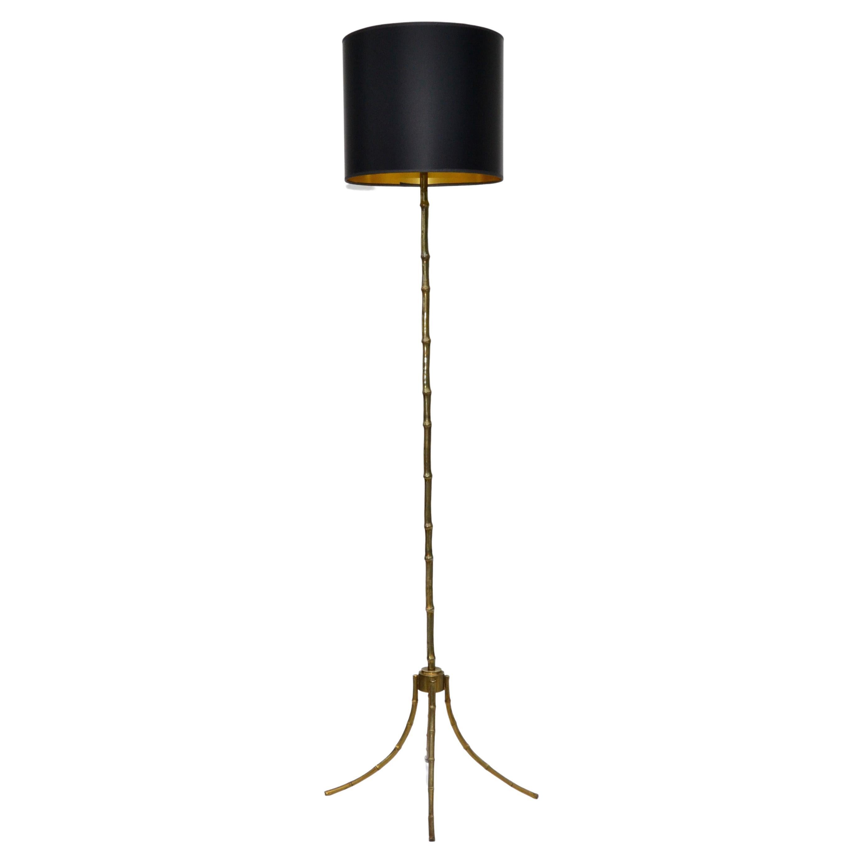 Maison Baguès Bronze Floor Lamp France Neoclassical Black & Gold Shade 1950 For Sale