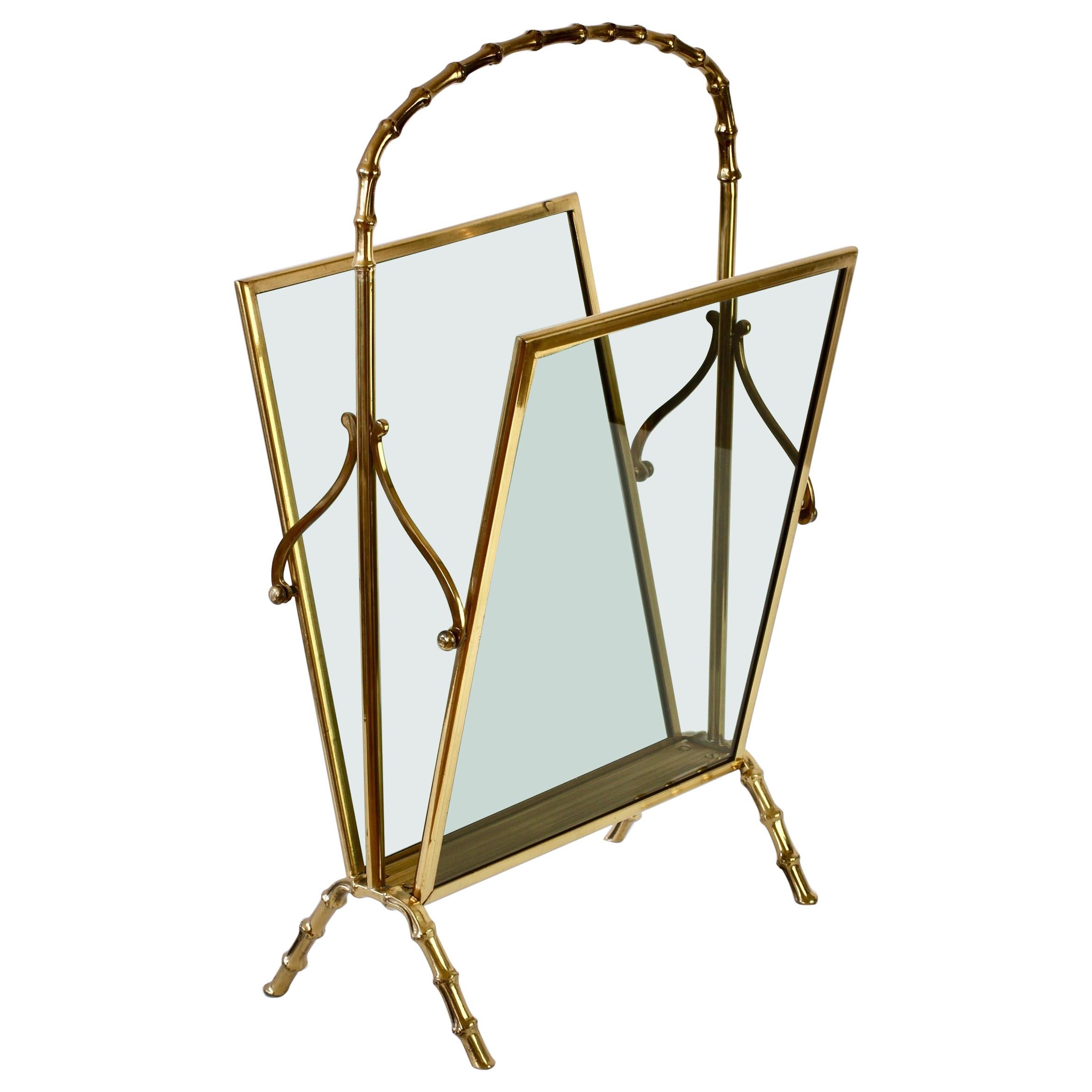 Maison Baguès attr. Cast Brass Faux Bamboo Magazine Rack or Newspaper Stand