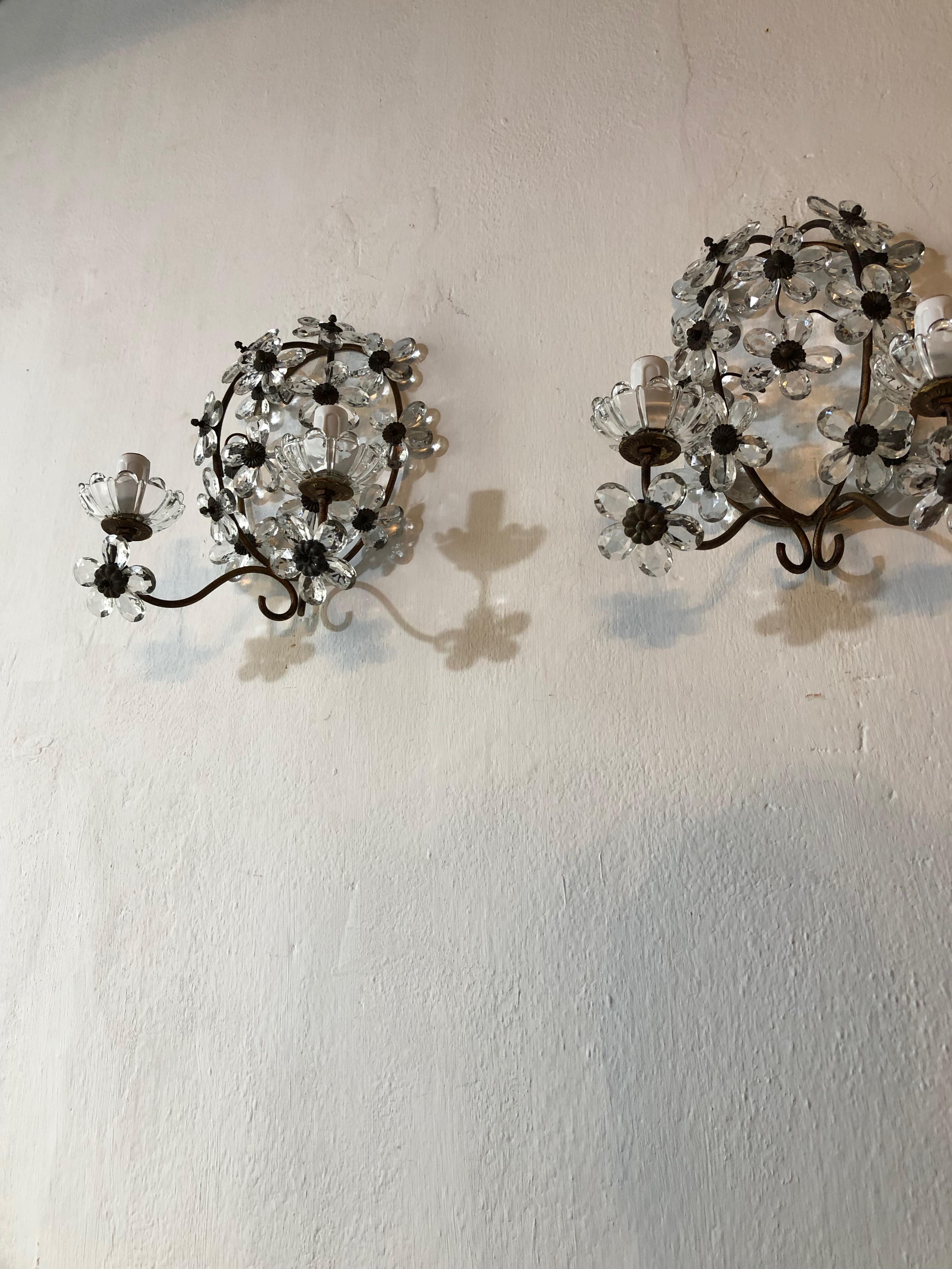 French Maison Baguès Clear Crystal Flower Sconces Marked, circa 1920 For Sale