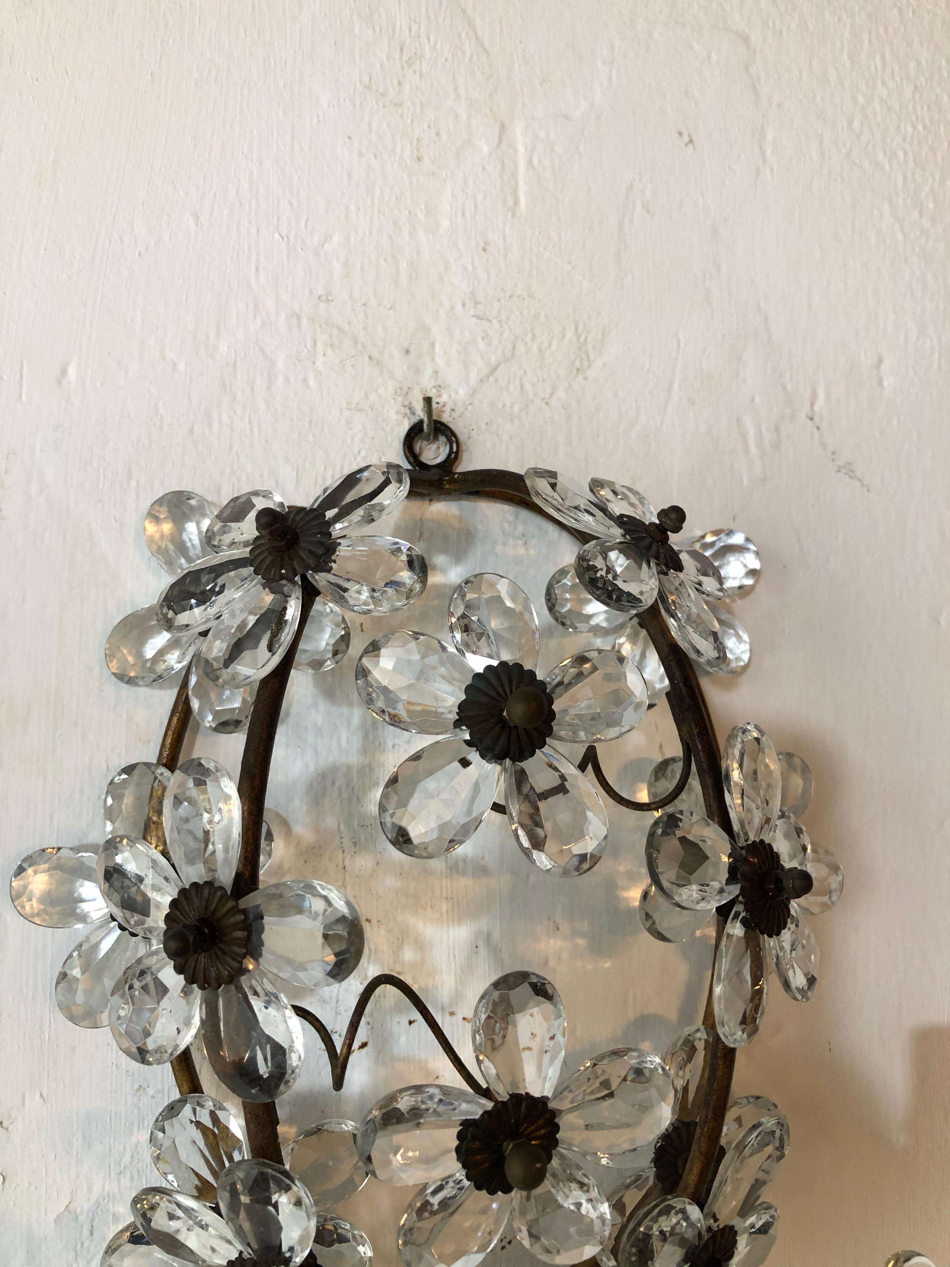 Early 20th Century Maison Baguès Clear Crystal Flower Sconces Marked, circa 1920 For Sale