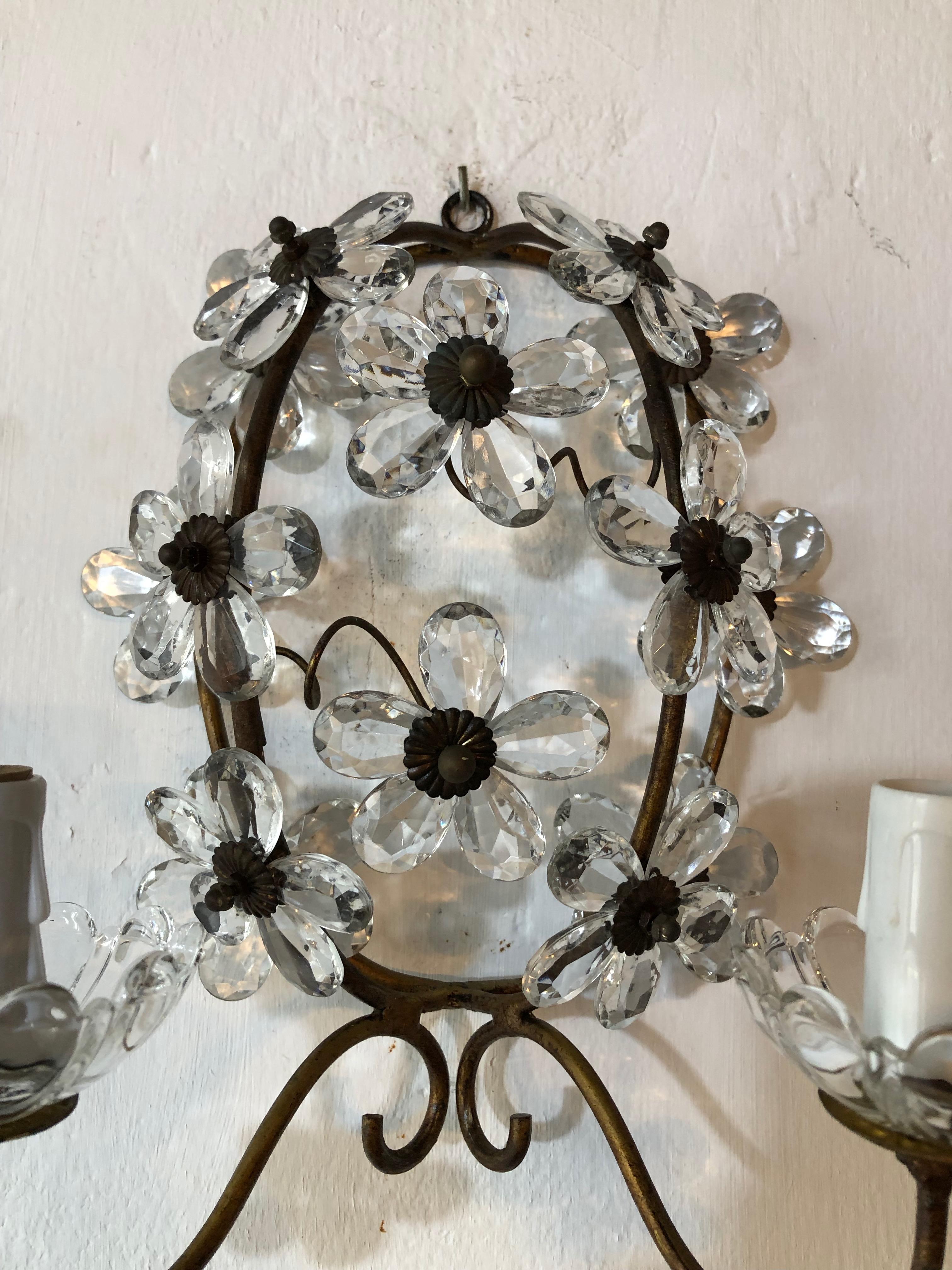 Bronze Maison Baguès Clear Crystal Flower Sconces Marked, circa 1920 For Sale