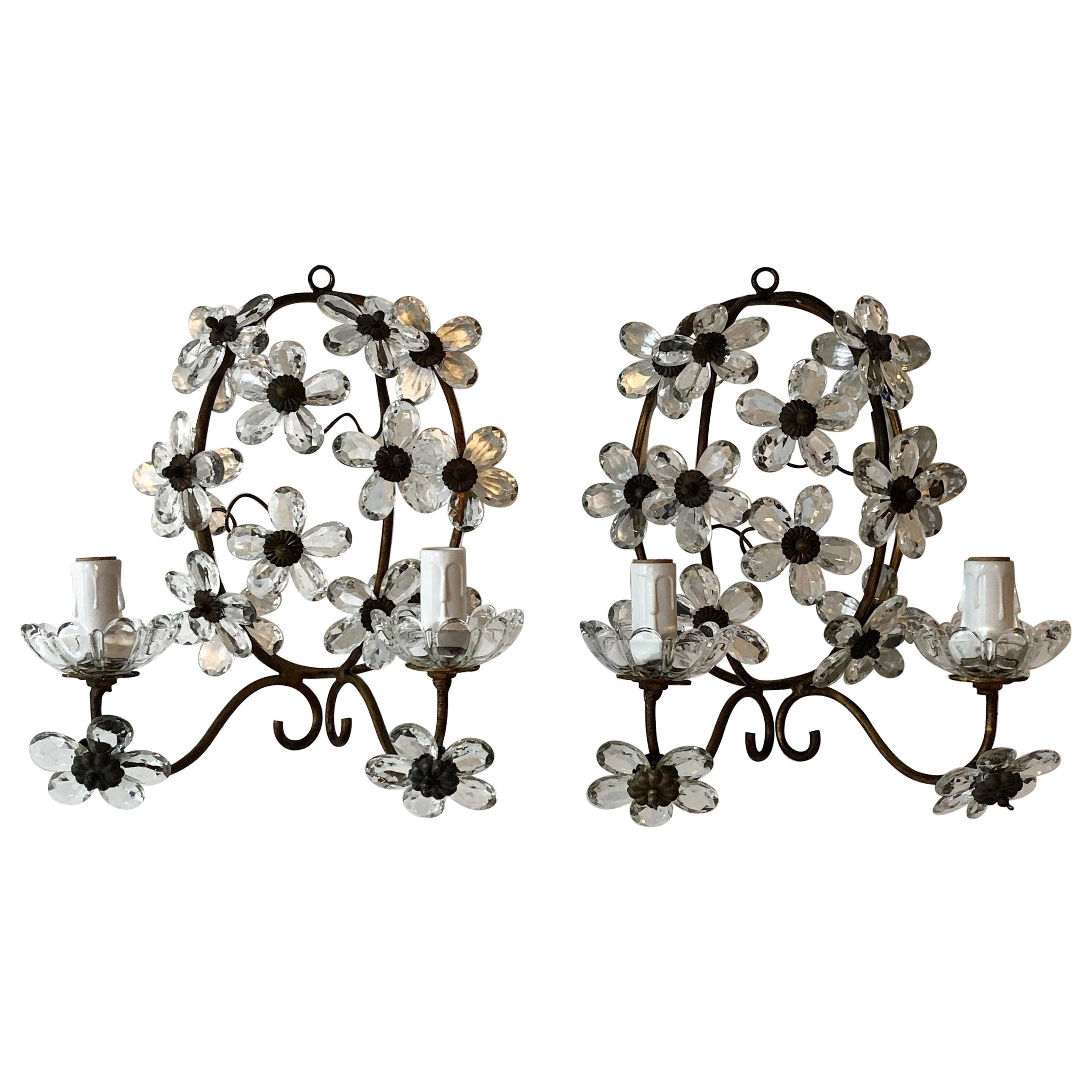 Maison Baguès Clear Crystal Flower Sconces Marked, circa 1920 For Sale