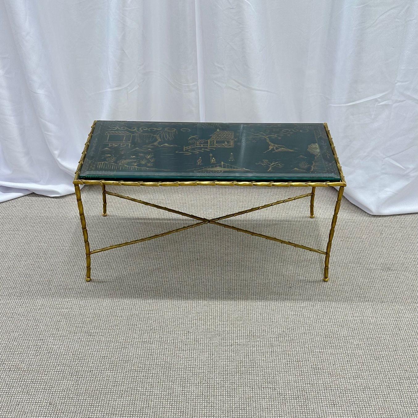 Mid-Century Modern Maison Bagues Coffee Cocktail Table, Black Japanned Lacquer Gilt Metal Low Table