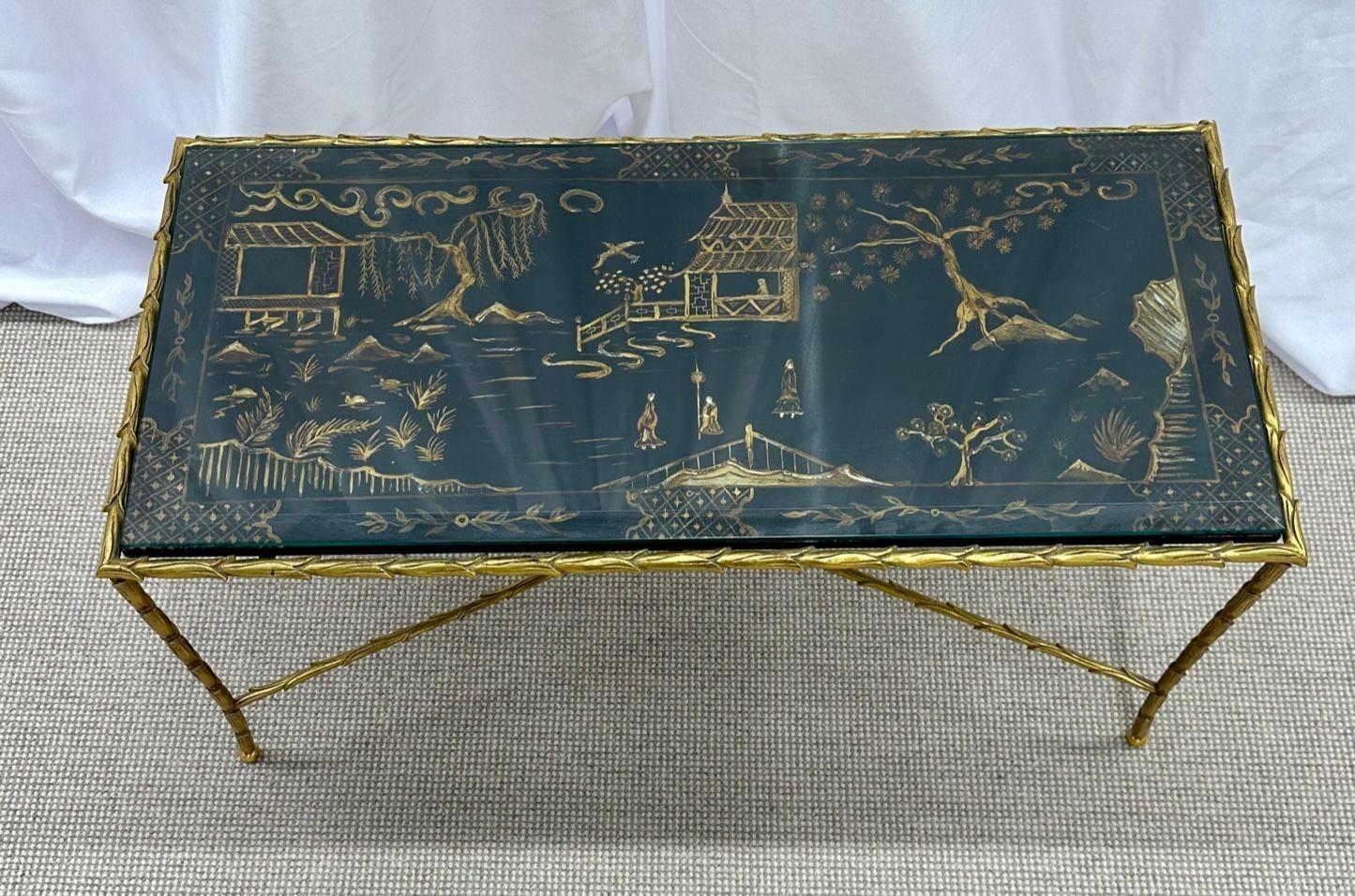 Maison Bagues Coffee Cocktail Table, Black Japanned Lacquer Gilt Metal Low Table In Good Condition In Stamford, CT