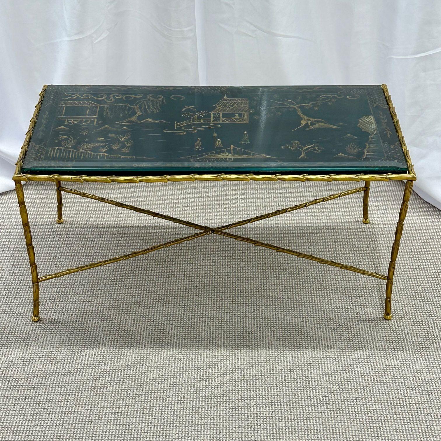20th Century Maison Bagues Coffee Cocktail Table, Black Japanned Lacquer Gilt Metal Low Table