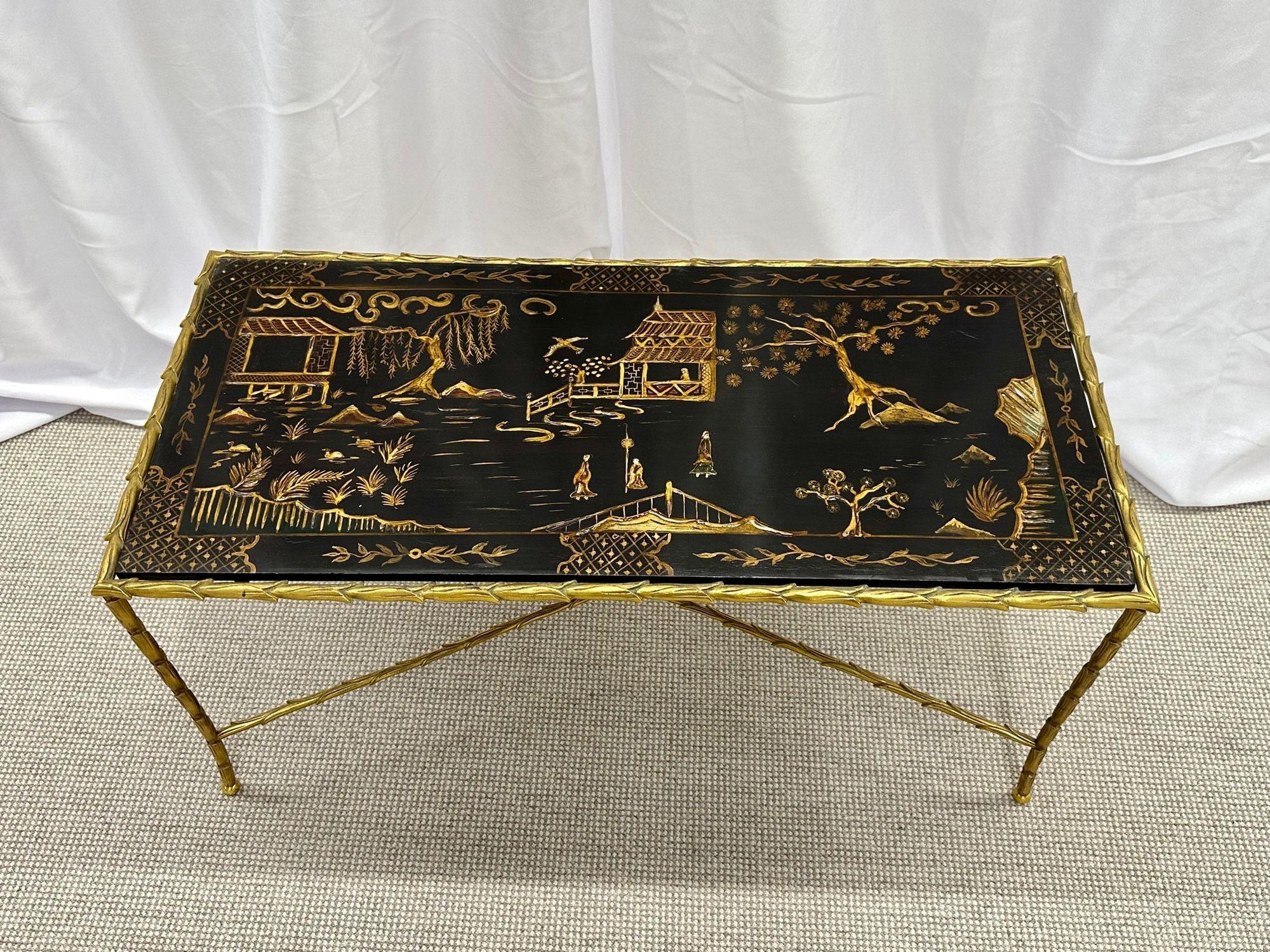 Maison Bagues Coffee Cocktail Table, Black Japanned Lacquer Gilt Metal Low Table 1