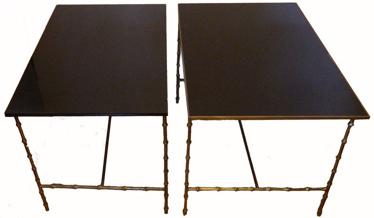 Mid-Century Modern Maison Bagues French Neoclassical Coffee Table Brass & Black Opaline Glass Top
