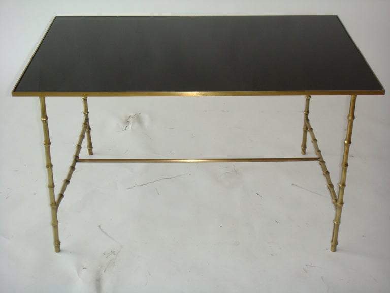 Maison Bagues French Neoclassical Coffee Table Brass & Black Opaline Glass Top In Good Condition In Miami, FL