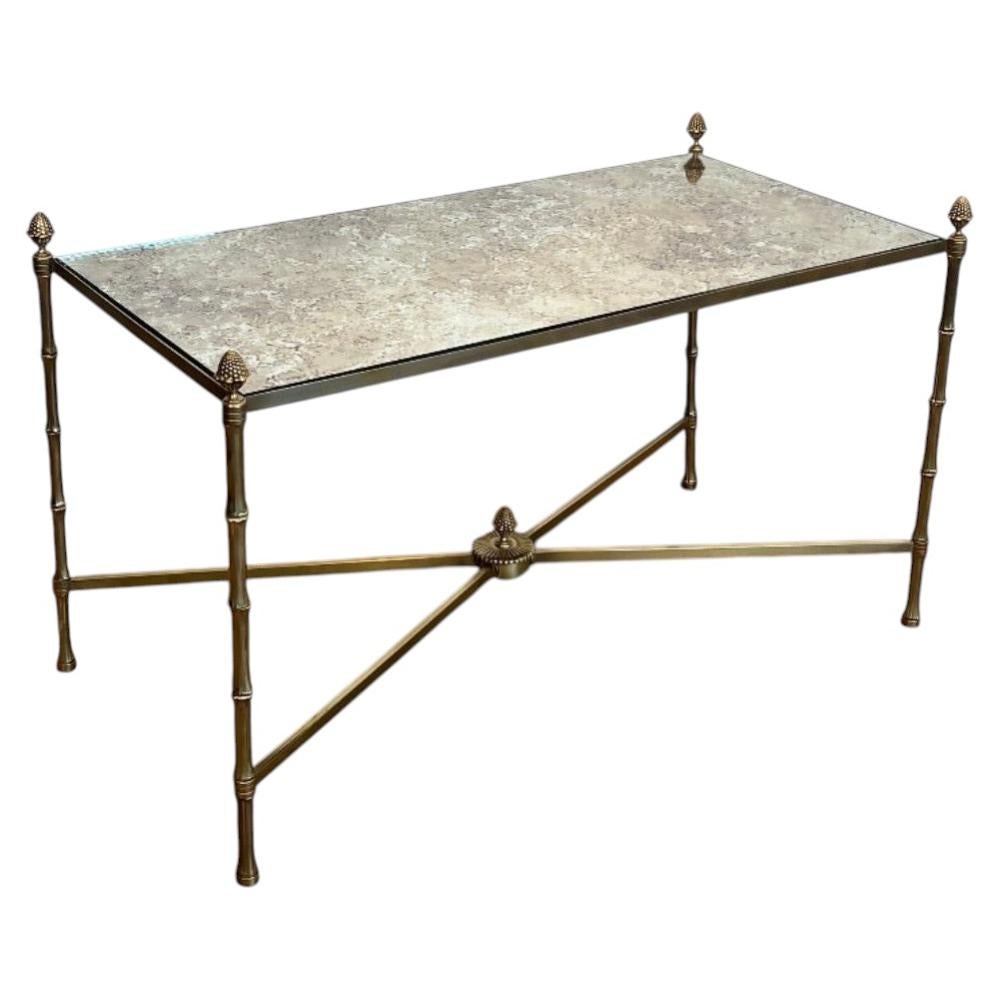 Faux-Bamboo Brass Coffee Table with Eglomized Mirror Top by Maison Baguès