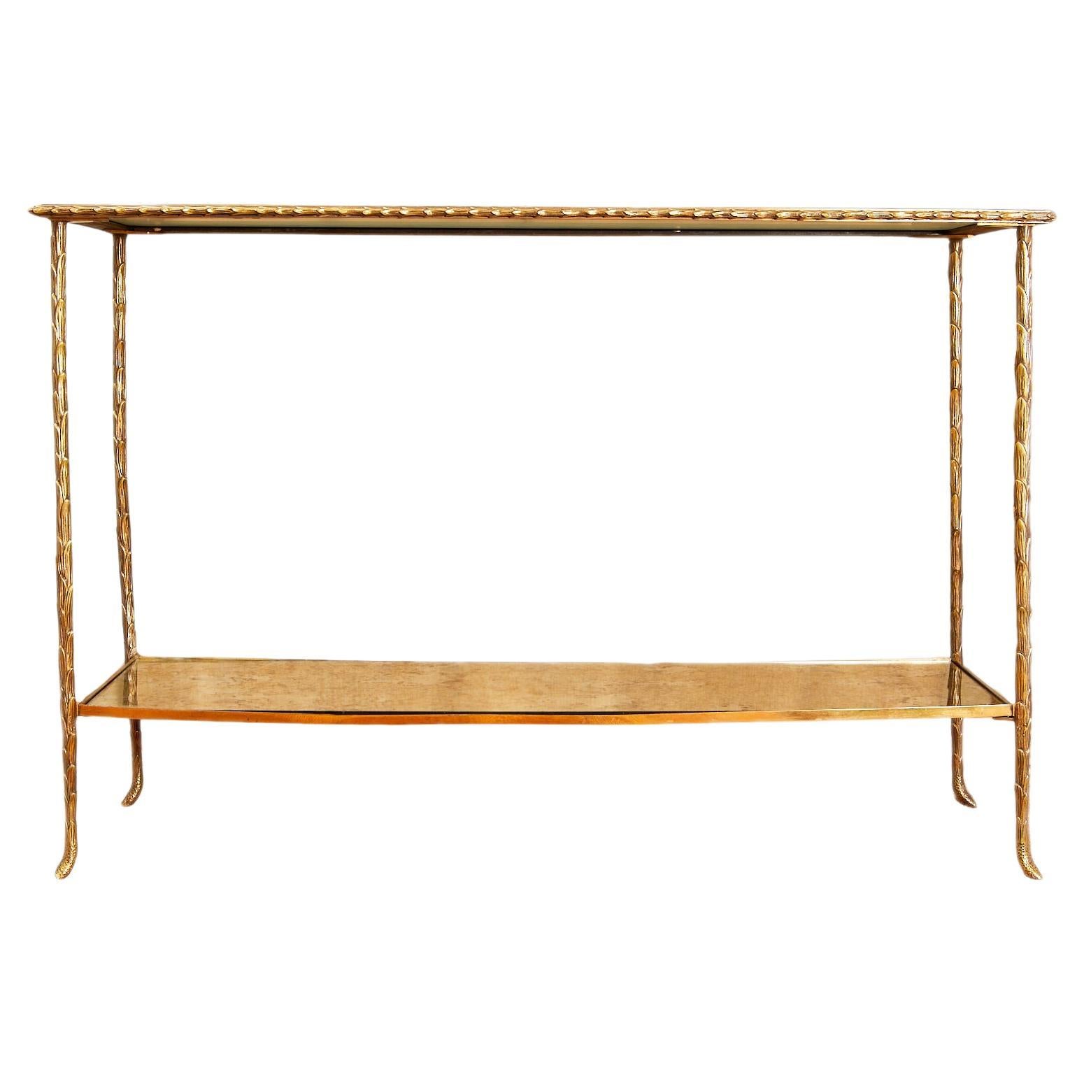 Maison Bagues, Console table, gilted bronze and glass, circa 1960, France.