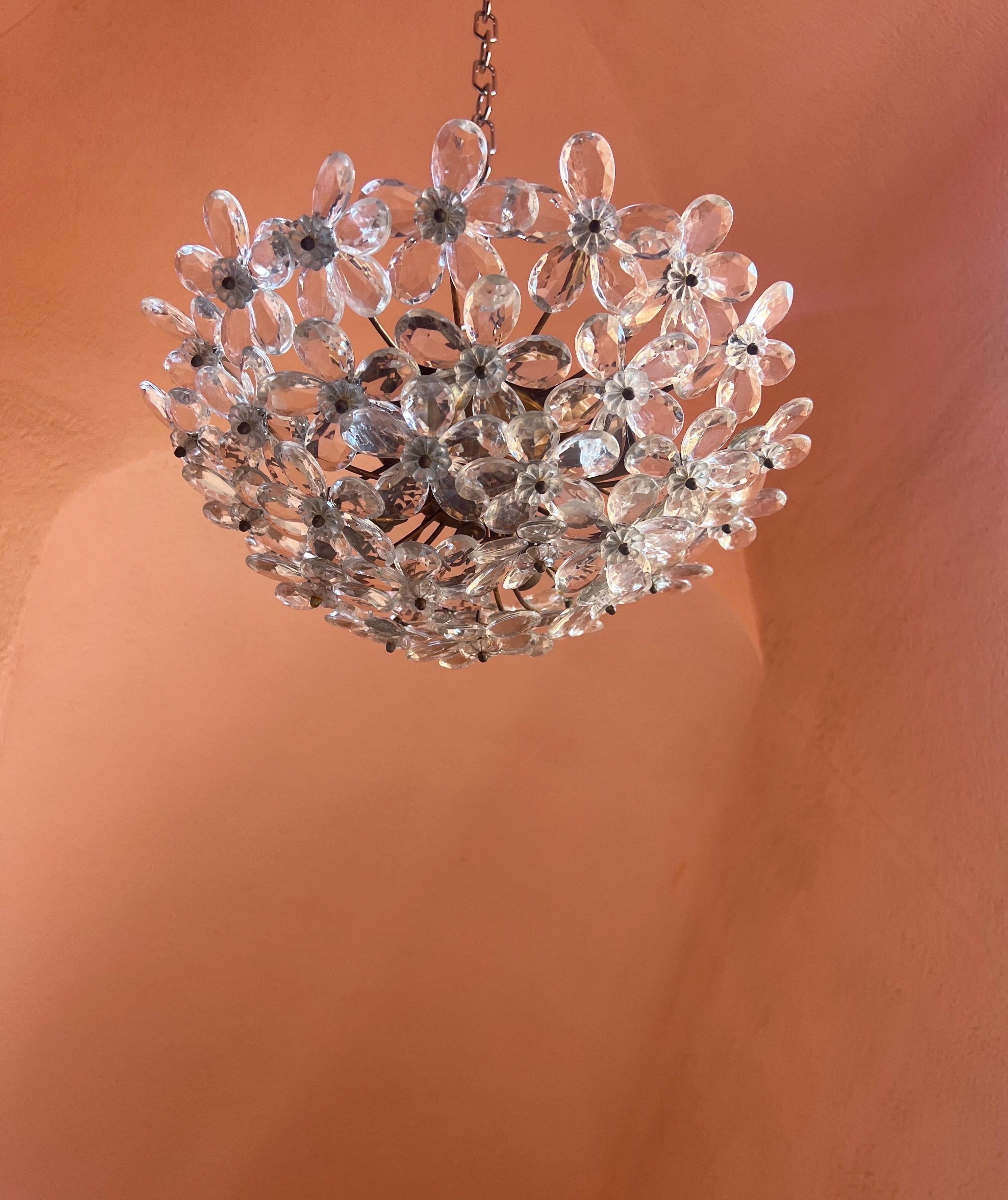 Mid-Century Modern Maison Baguès Crystal Ceiling Flush Mount, France 1940s For Sale