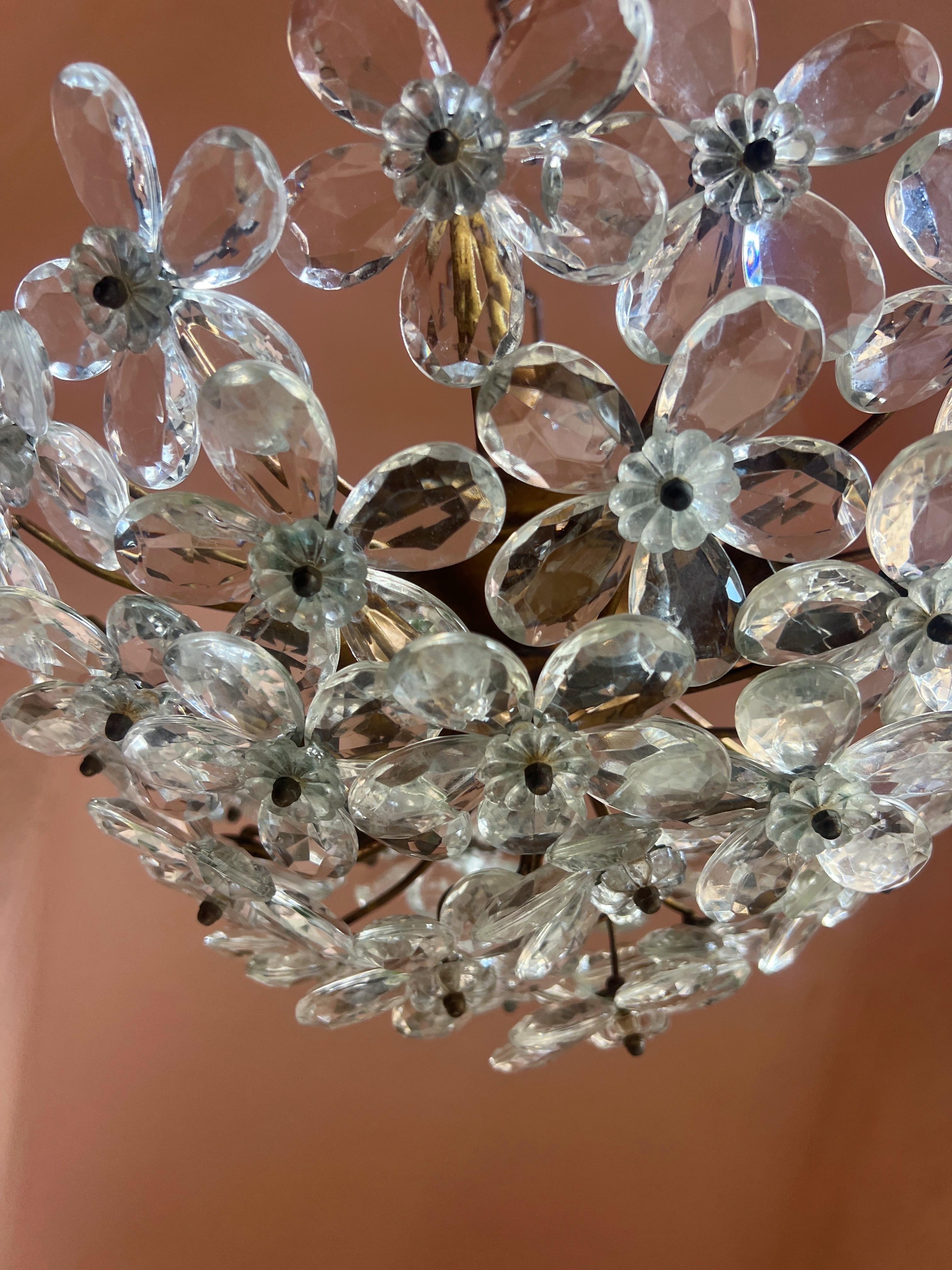 Metal Maison Baguès Crystal Ceiling Flush Mount, France 1940s For Sale