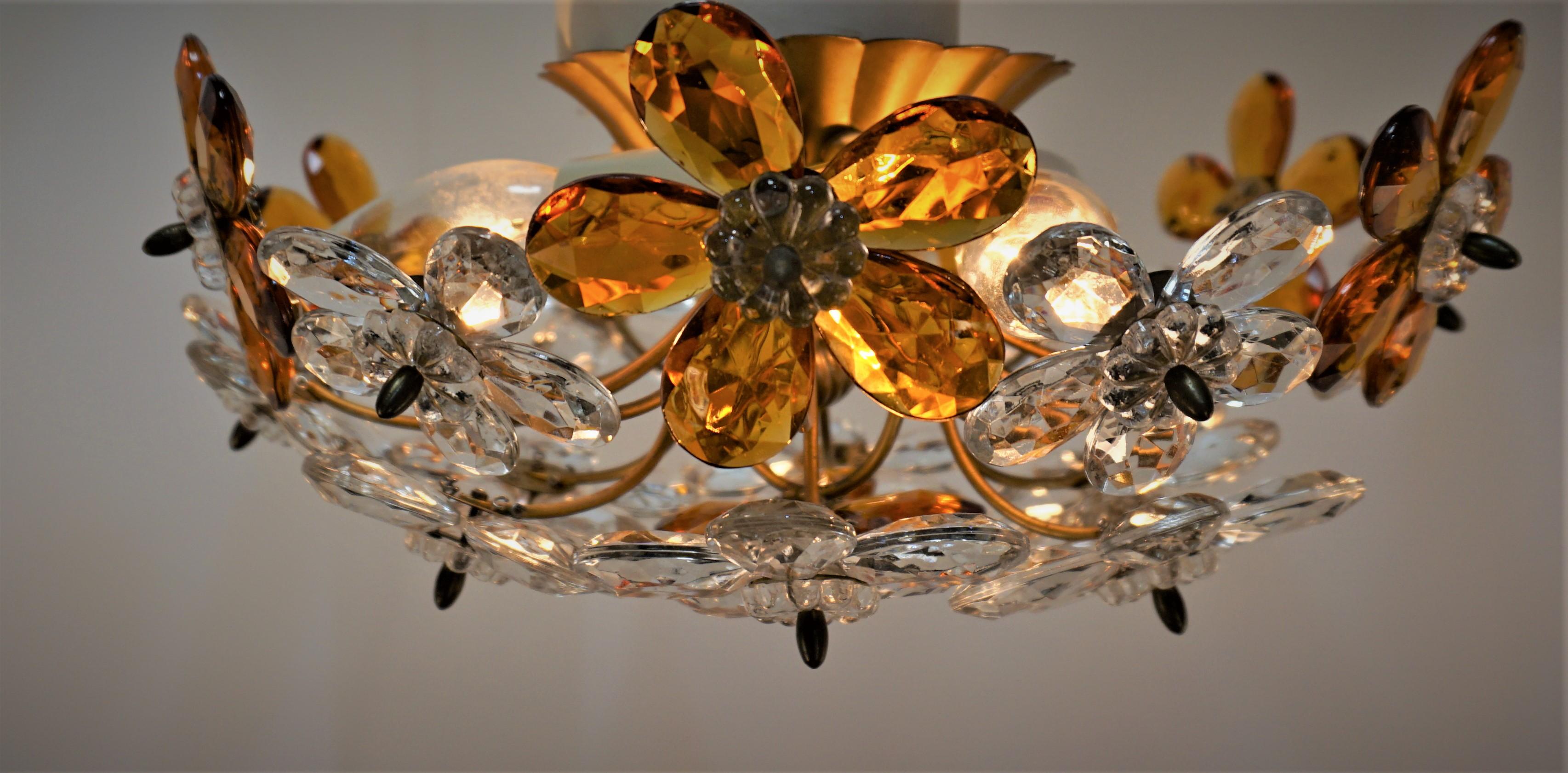 Beautiful crystal flower design three light flush mount light fixture by Maison Bagues.
Professionally rewired and ready for installation.