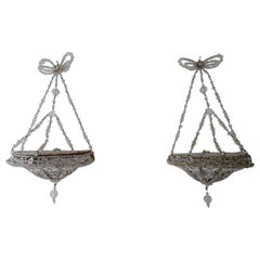 Maison Baguès Crystal Rare Bows Mirror Beaded Signed Sconces, circa 1920