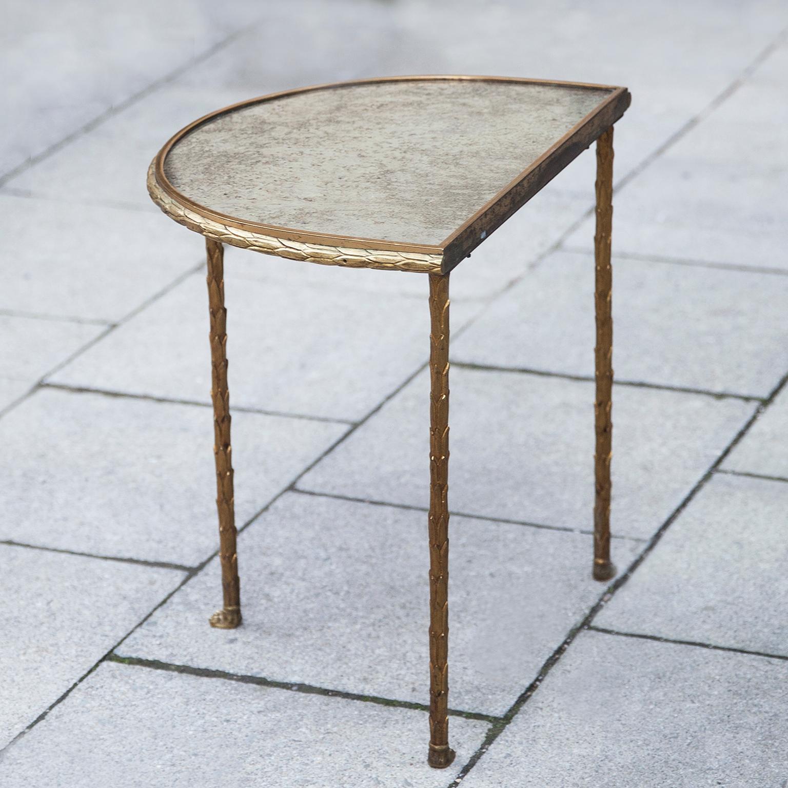 Amazing gilt bronze side table by Maison Bagues, France 1940, high end quality with a etched antic mirror top.