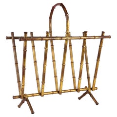 Vintage Maison Baguès Faux Bamboo Brass Magazine Holder, France, 1950s