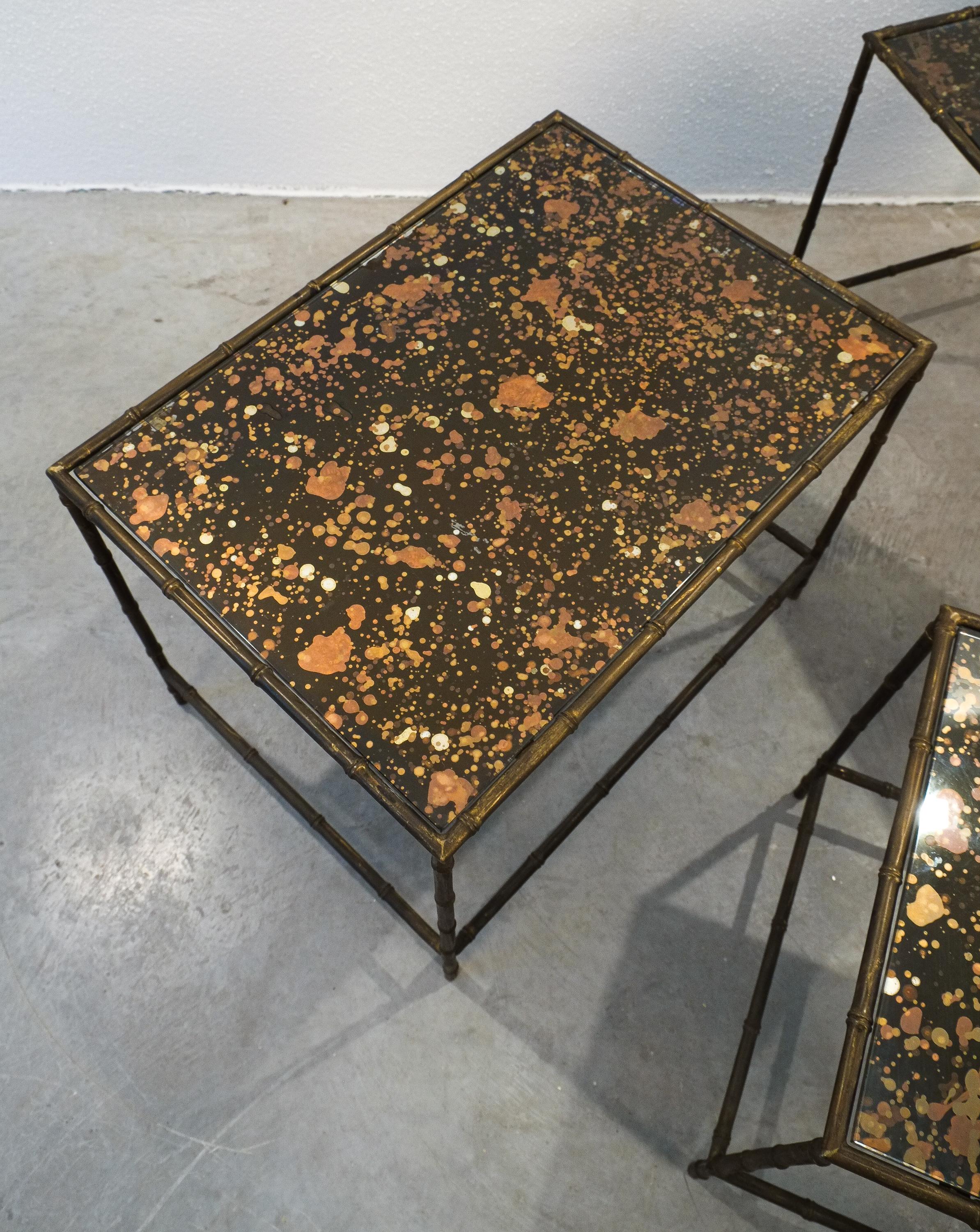 Maison Baguès Faux Bamboo Brass Metallic Glass Nest Tables, circa 1960 In Good Condition For Sale In Vienna, AT