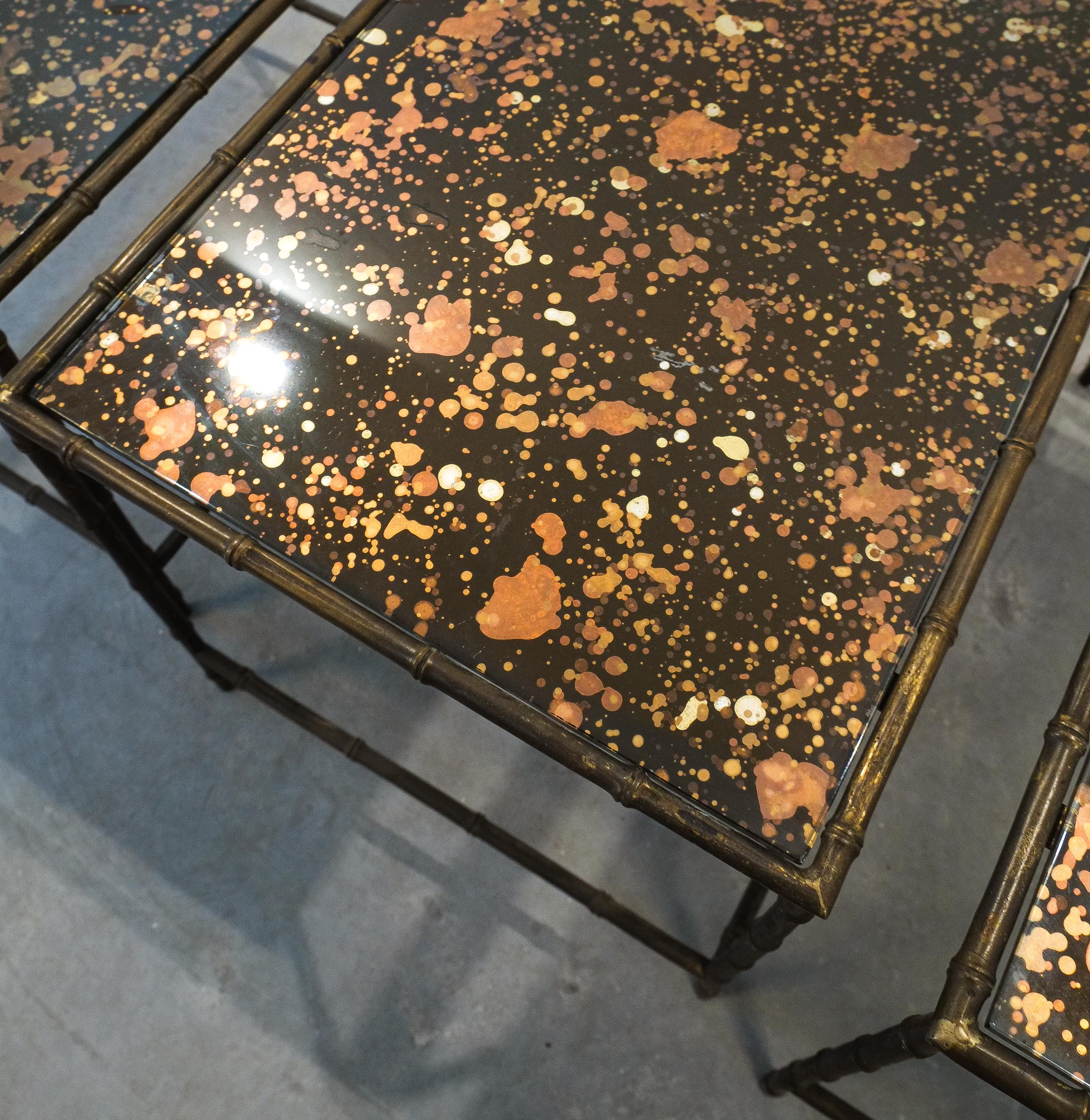 Mid-20th Century Maison Baguès Faux Bamboo Brass Metallic Glass Nest Tables, circa 1960 For Sale