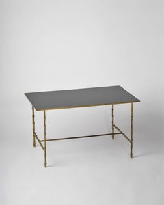 Maison Baguès Faux Bamboo Bronze Side Table w. Black Opaline Top, France 1960s