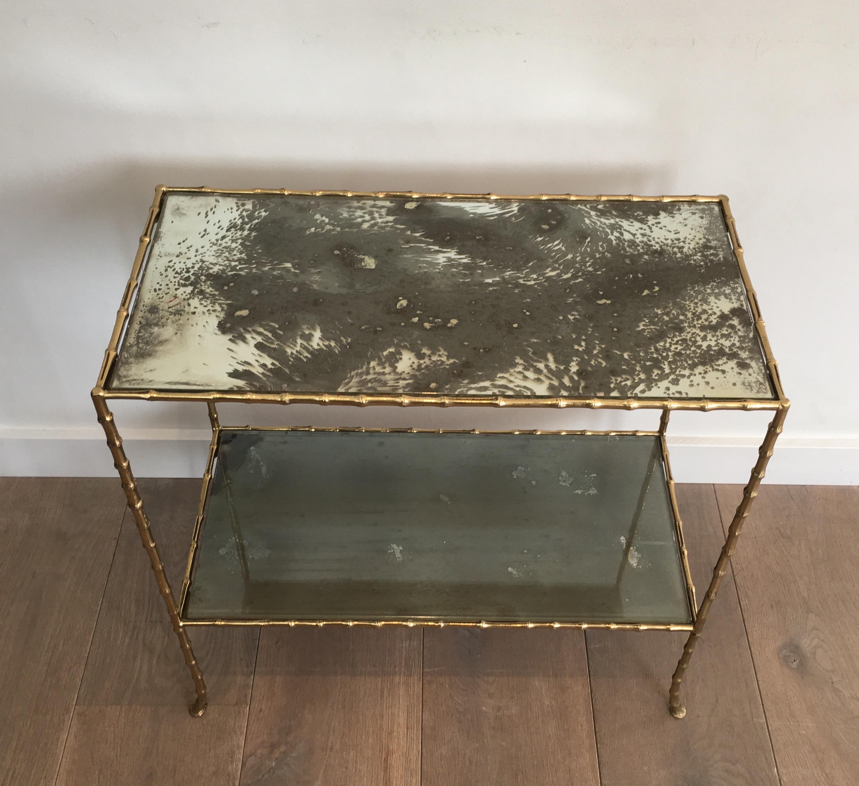 Maison Baguès Faux-Bamboo Bronze Side Table with Eglomized Glass Shelves For Sale 4