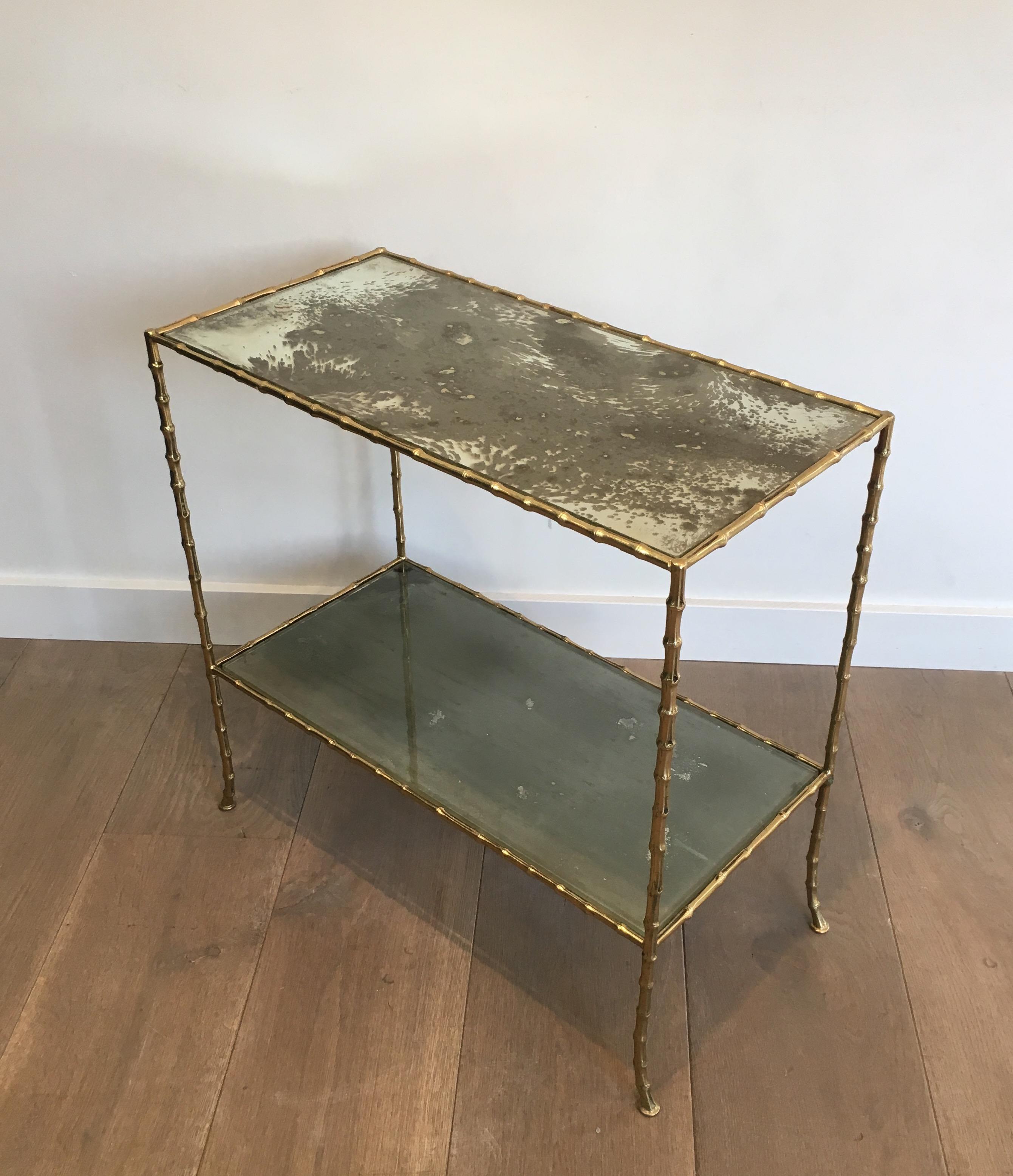 Maison Baguès Faux-Bamboo Bronze Side Table with Eglomized Glass Shelves For Sale 5