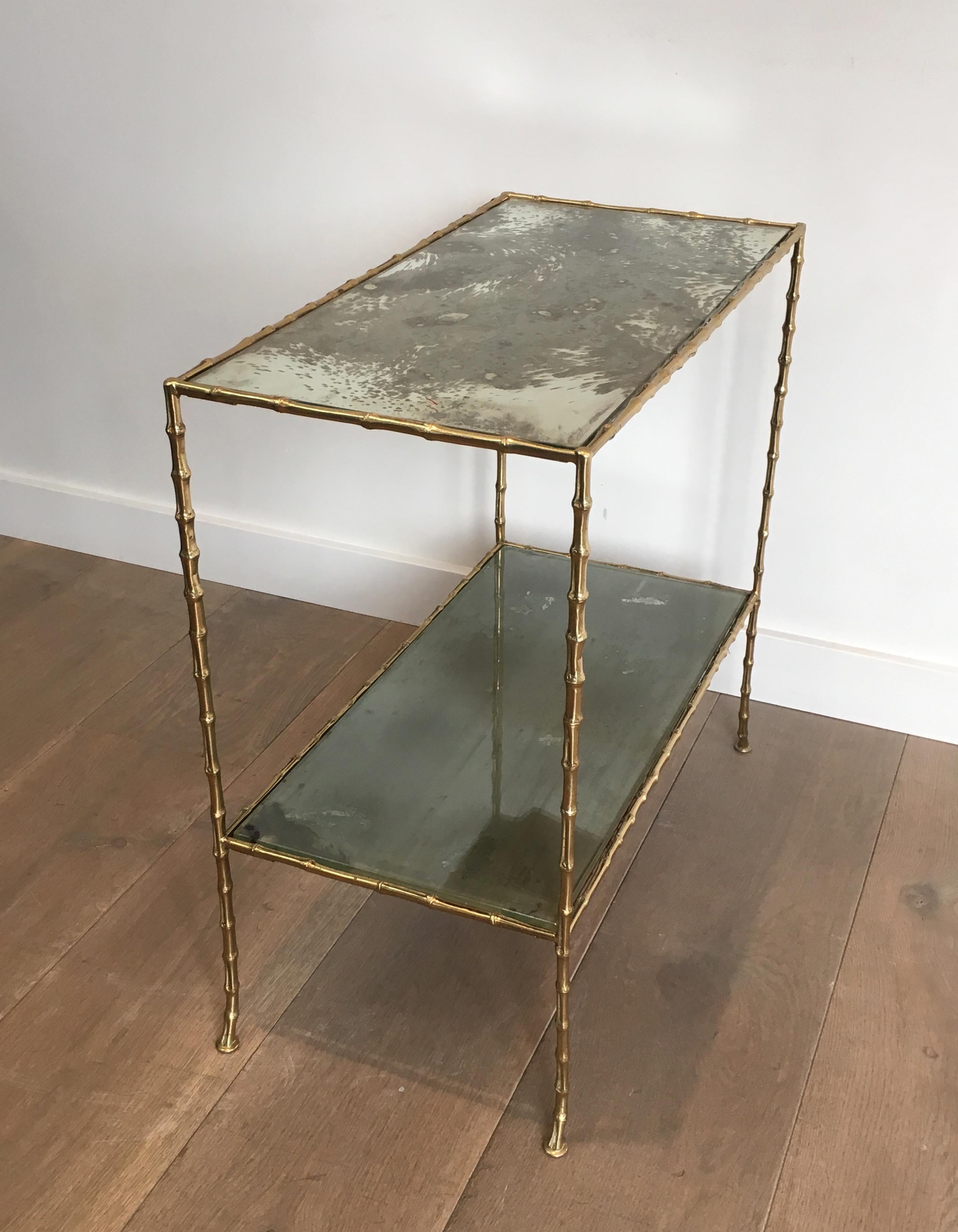 Maison Baguès Faux-Bamboo Bronze Side Table with Eglomized Glass Shelves For Sale 6